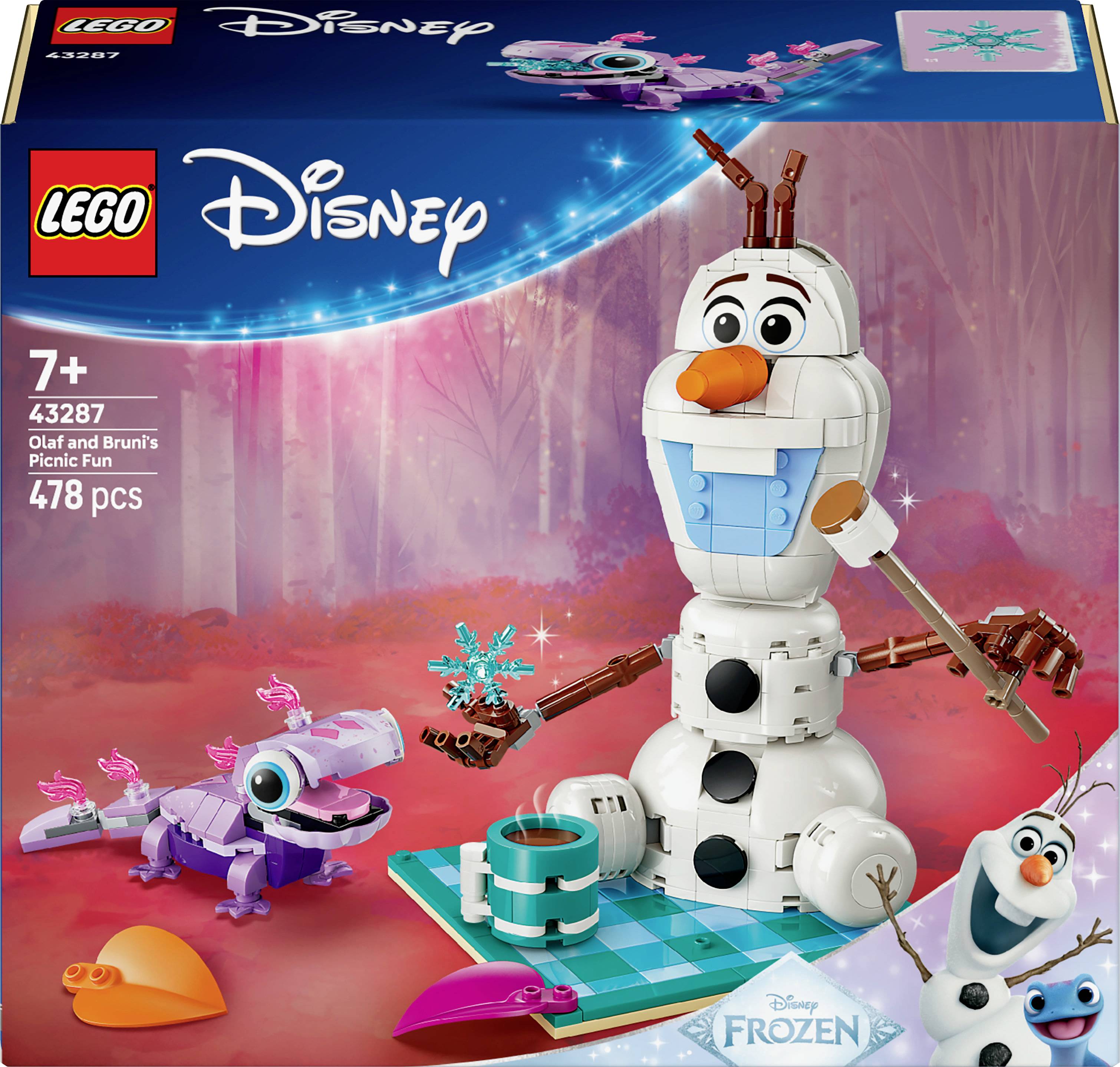 'Ensemble Lego Disney Frozen 43287 : Pique-nique amusant d'Olaf et Bruni. Comprend Olaf, Bruni, accessoires de pique-nique. Pour les 7 ans et plus, 478 pièces.'