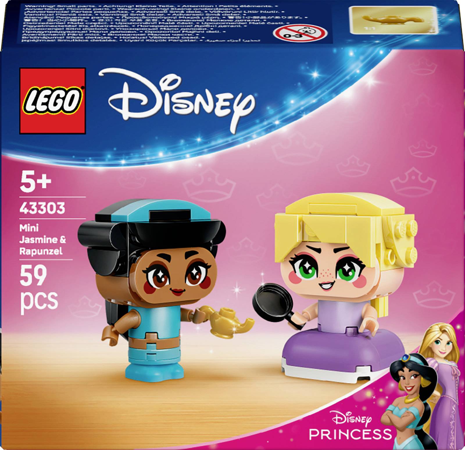 Deux figurines LEGO Disney Princess : Jasmine tenant une lampe, et Rapunzel tenant une poêle. Ensemble destiné aux enfants de 5 ans et plus, comprenant 59 pièces.