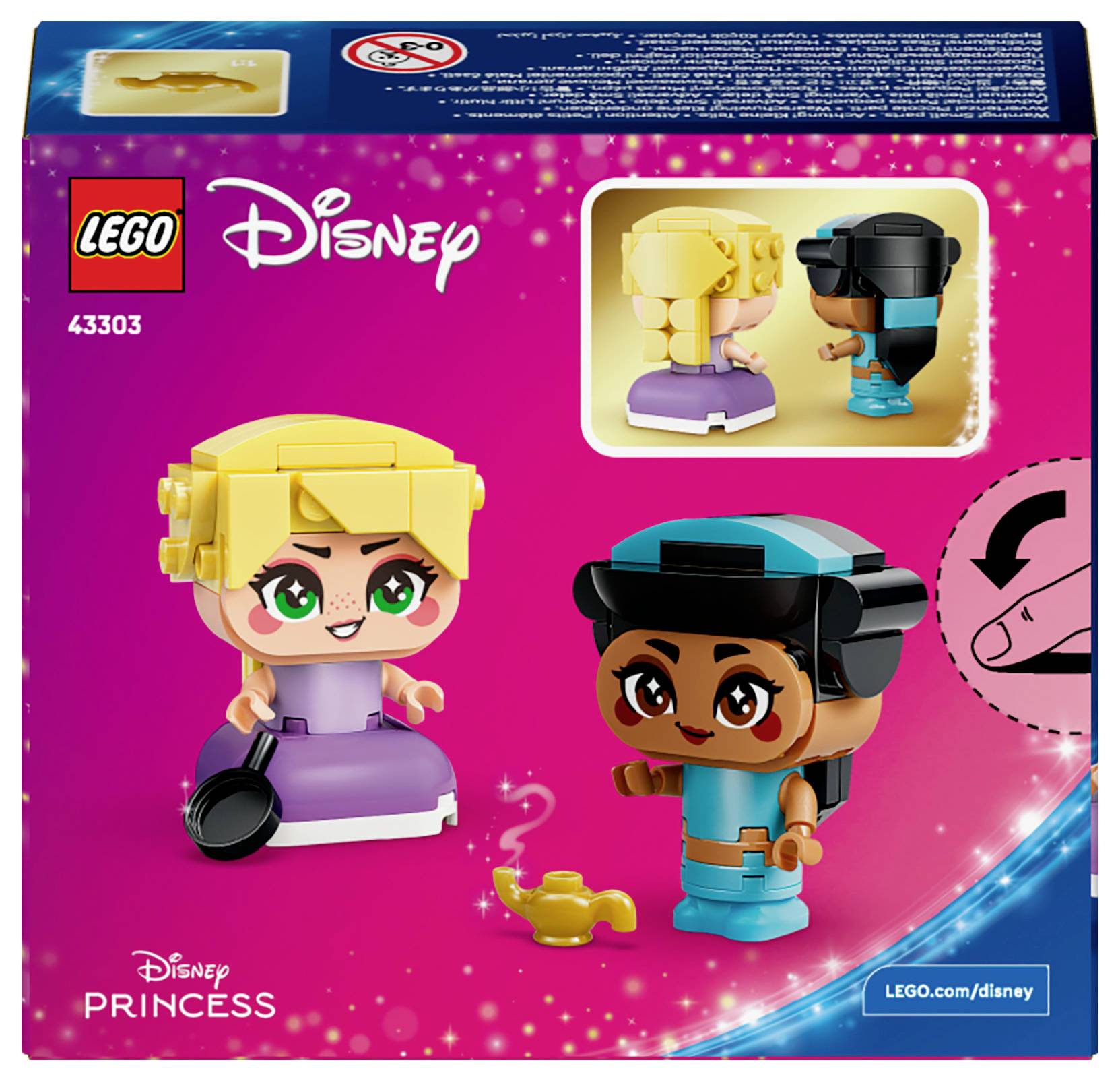 Boîte de set LEGO Disney présentant deux figurines de princesses aux grands yeux et aux tenues colorées. L'une tient une poêle, et une lampe magique est posée sur le sol.