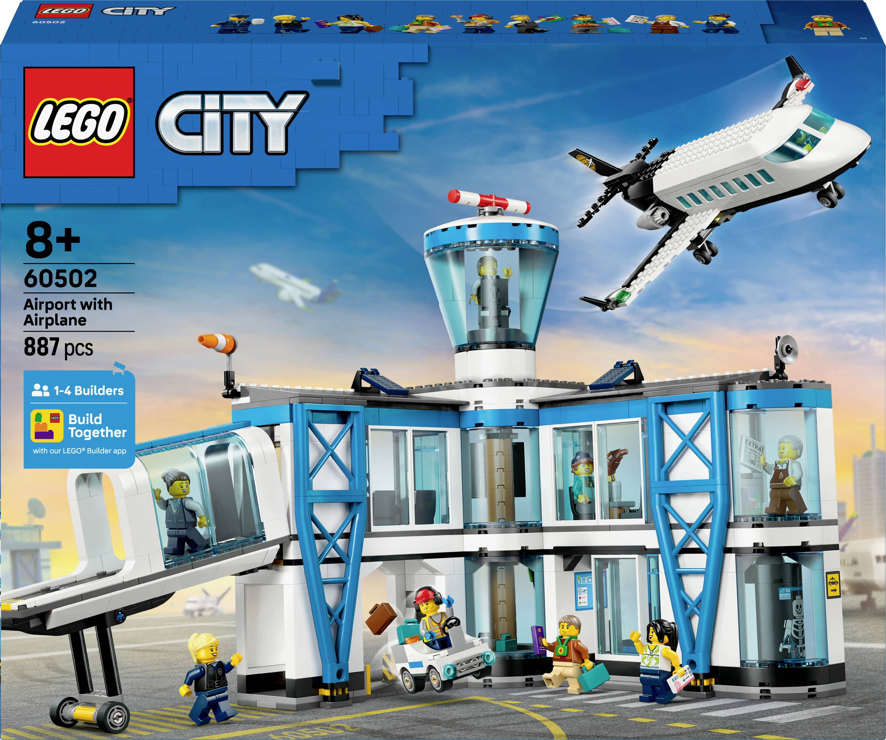 Ensemble LEGO City Aéroport comprenant un terminal, une tour de contrôle, un avion et divers minifigurines réalisant différentes activités. Pour les 8 ans et plus, 887 pièces.