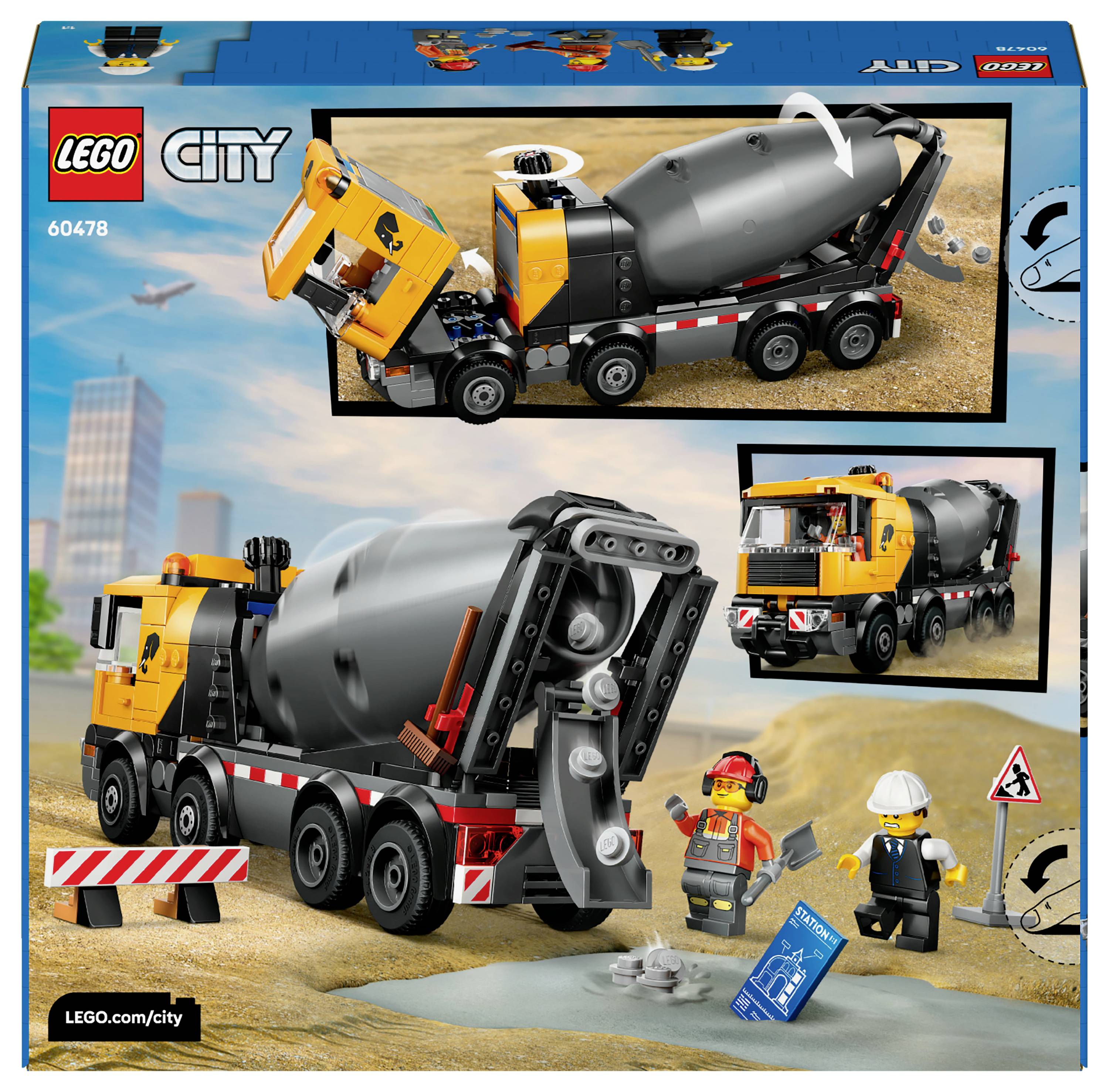 Une boîte de set de construction LEGO présentant un camion-toupie à béton avec des éléments mobiles, des figurines de travailleurs du bâtiment et un décor de chantier de construction.