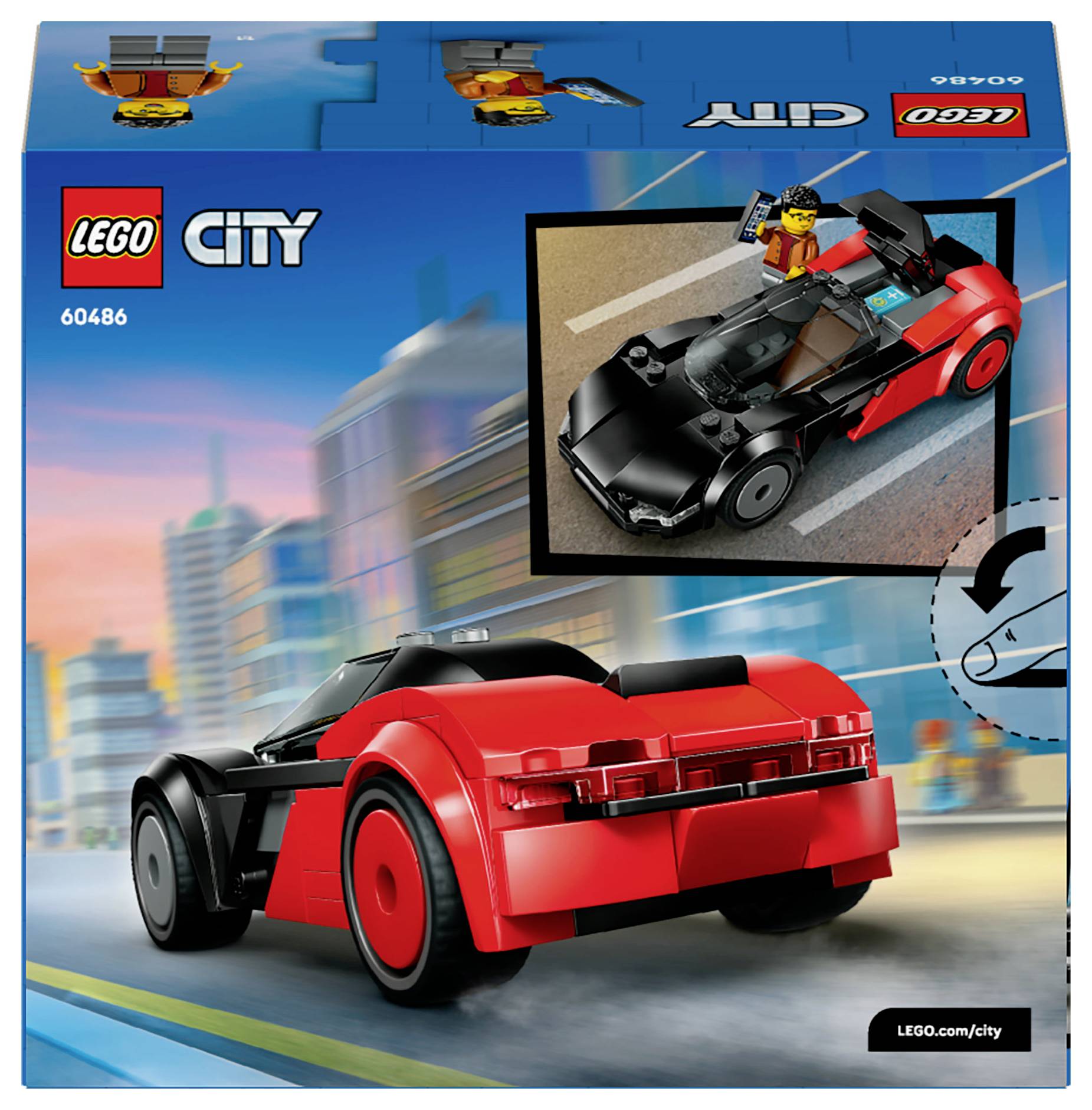 Boîte de jouet Lego City représentant une voiture de sport rouge et noire avec une figurine Lego. L'arrière-plan représente la skyline d'une ville.