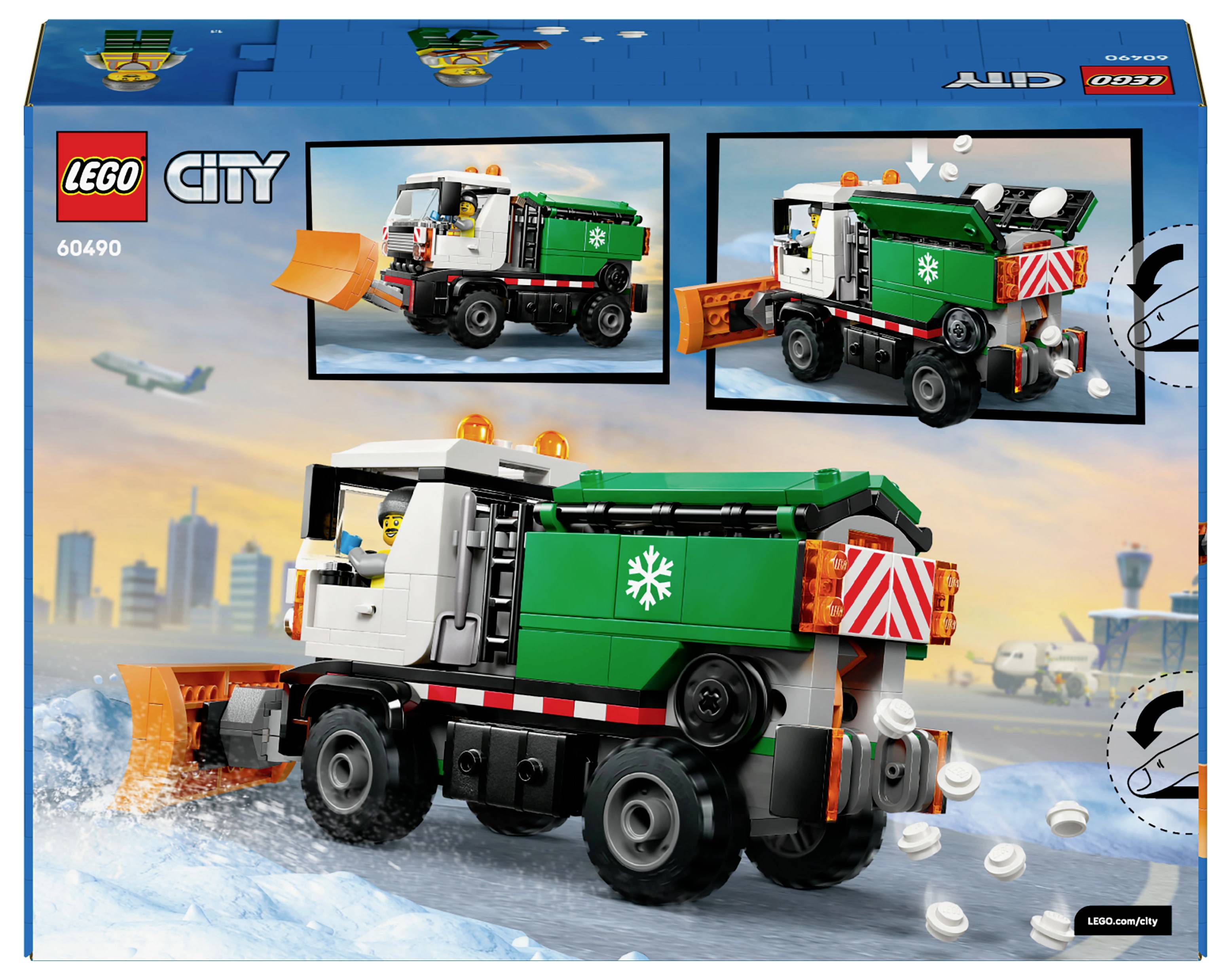 Ensemble de camion chasse-neige LEGO City avec trois vues détaillées. Comprend un camion vert et blanc avec une lame de déneigement, un emblème en flocon de neige et des pièces de neige.