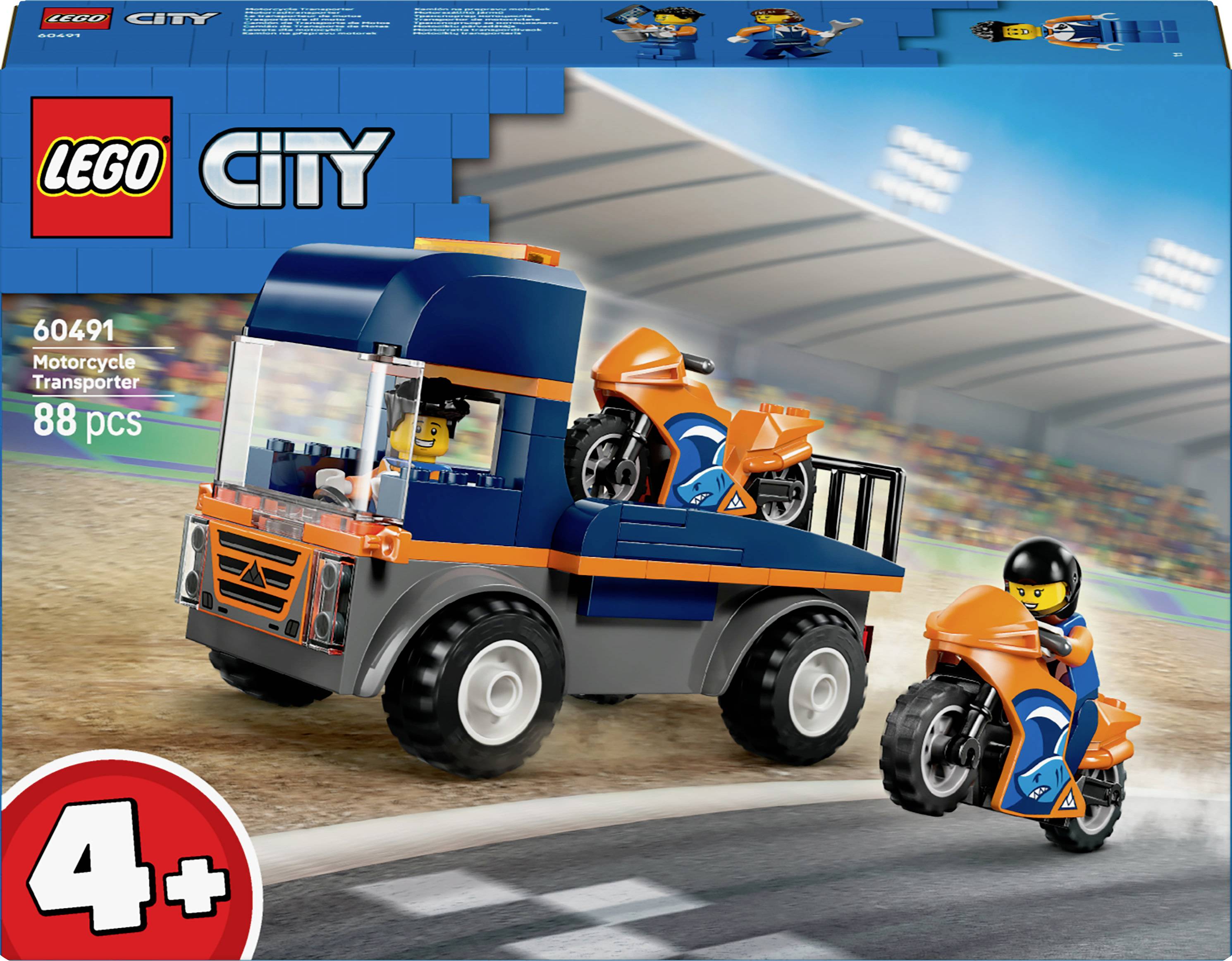 Boîte du set 'LEGO City' 60491 présentant un transporteur de motos avec un camion et deux motos. Le set contient 88 pièces et est destiné aux enfants de 4 ans et plus.