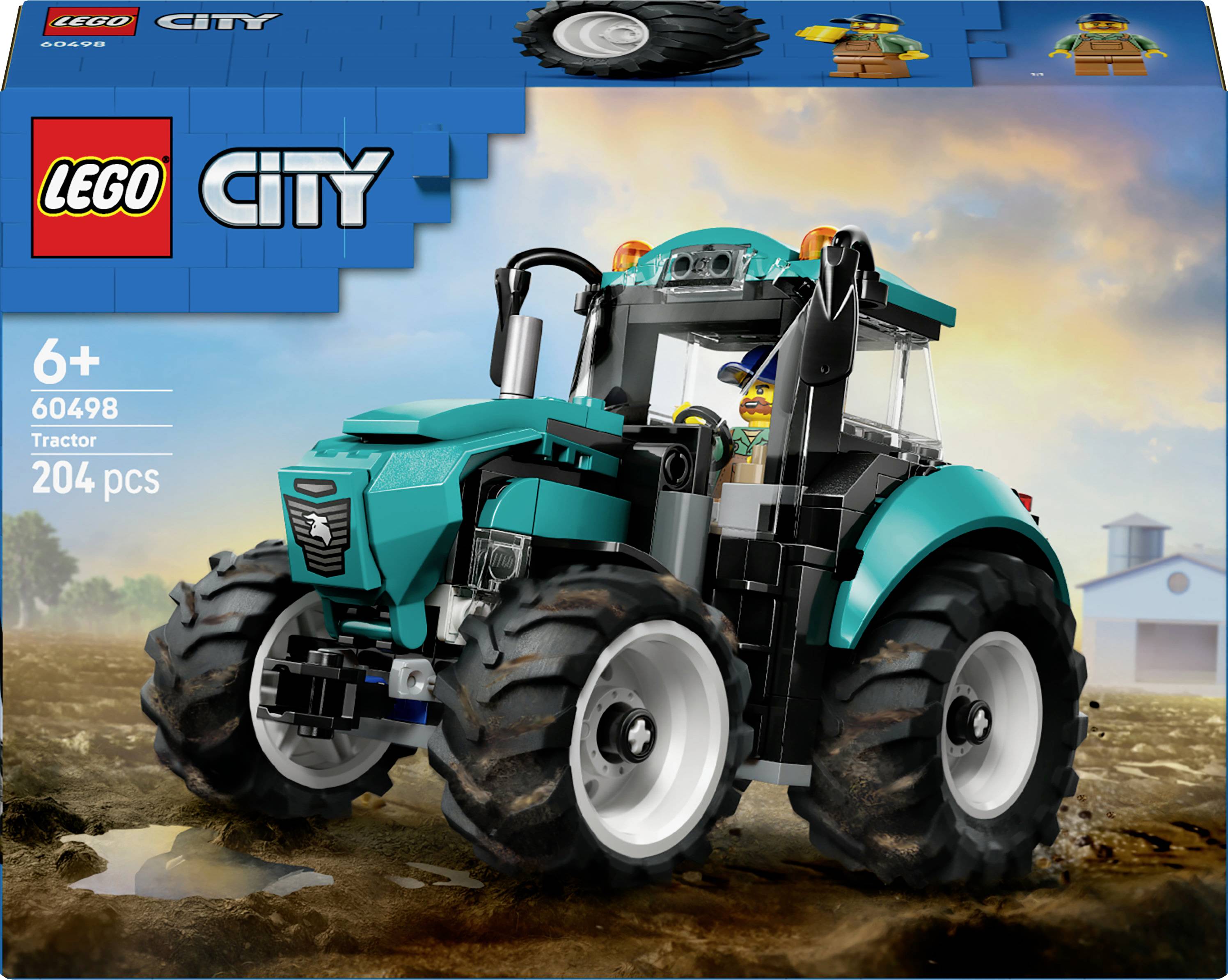 Ensemble 'Tracteur LEGO City' pour les 6 ans et plus, comprenant 204 pièces. Comprend un tracteur bleu-vert avec de grandes roues, une figurine d'agriculteur et un décor de scène rurale.