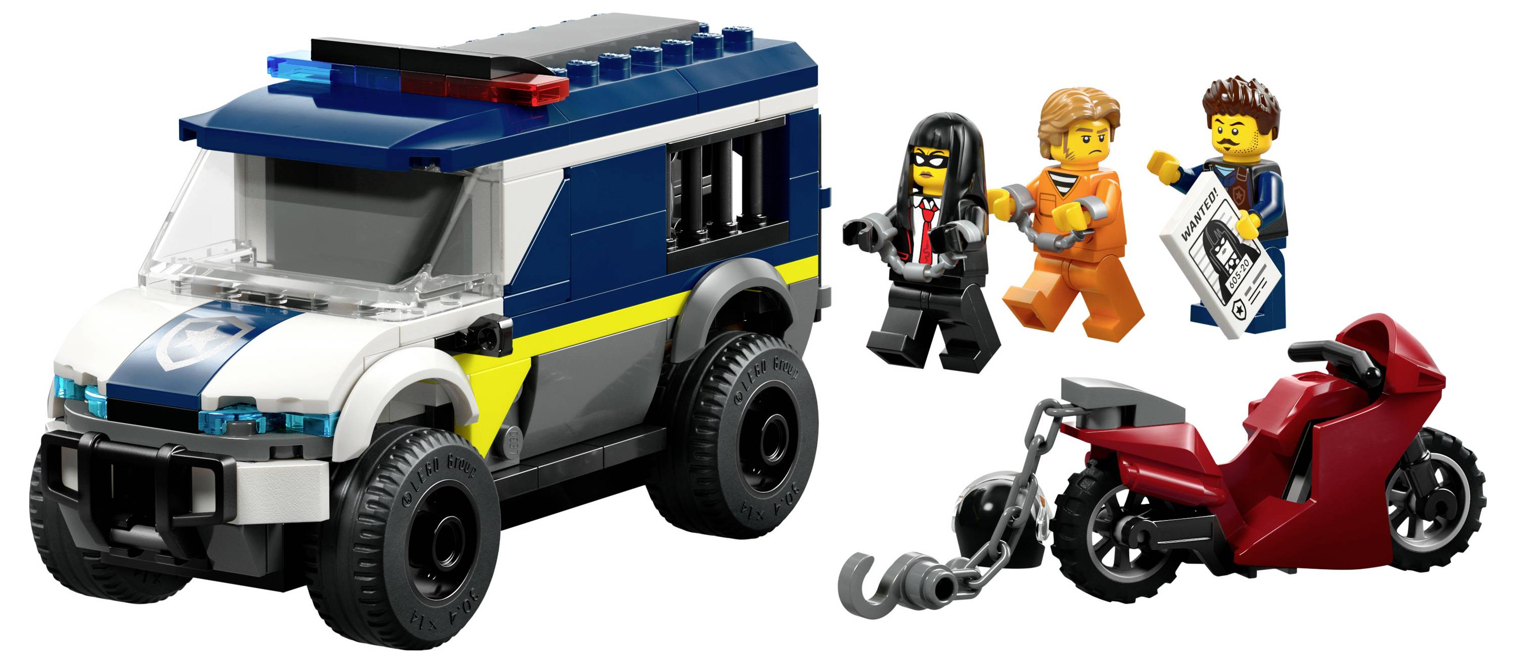 Ensemble Lego représentant un fourgon de police, une moto rouge avec une chaîne, et trois figurines : une en costume, une en tenue de prisonnier, et une tenant un tract.