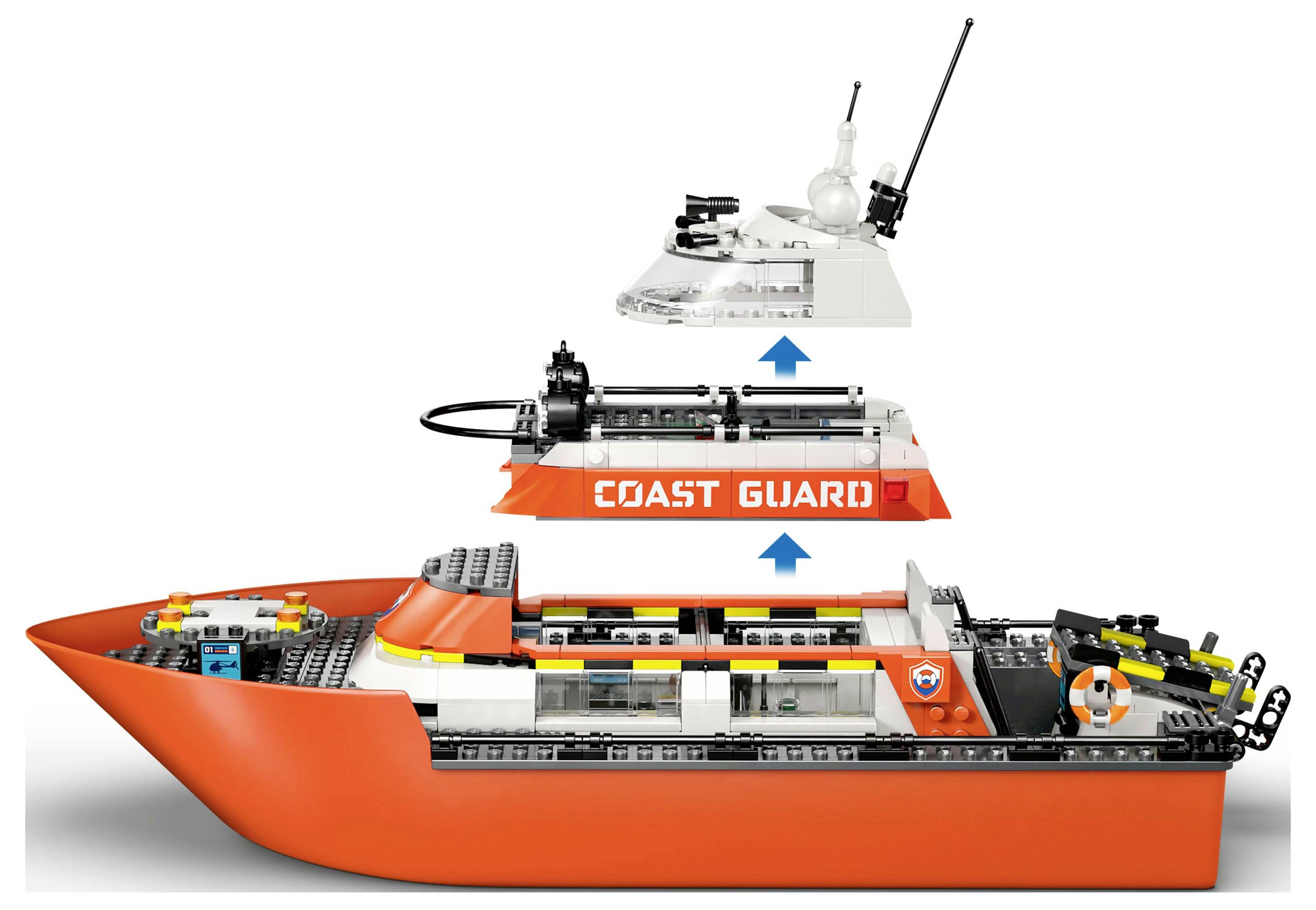 Ensemble 'Bateau de la Garde côtière LEGO' démontré en trois couches : petite section supérieure blanche et rouge, poste de contrôle détaillé, et grand coque rouge.