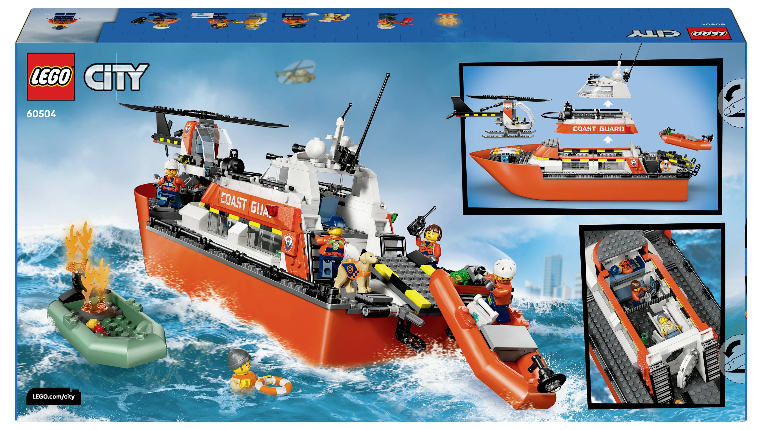 Ensemble LEGO représentant un bateau de sauvetage des garde-côtes avec un hélicoptère, un radeau et des figurines. La scène illustre une opération de sauvetage en mer.