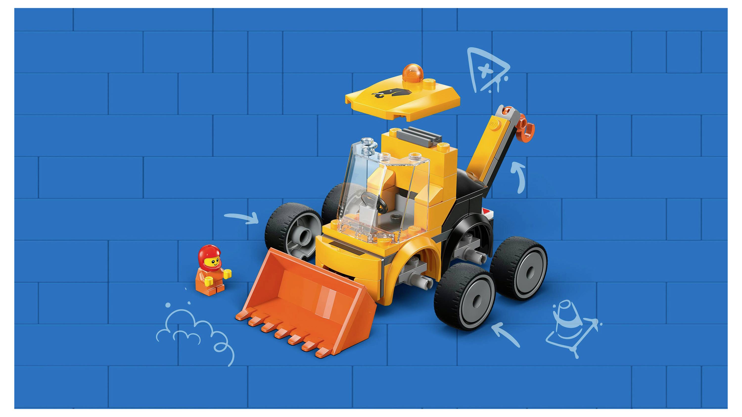 Un bulldozer jouet orange sur un fond bleu avec des flèches illustrées et des outils, à côté d'une petite figurine portant un chapeau rouge.