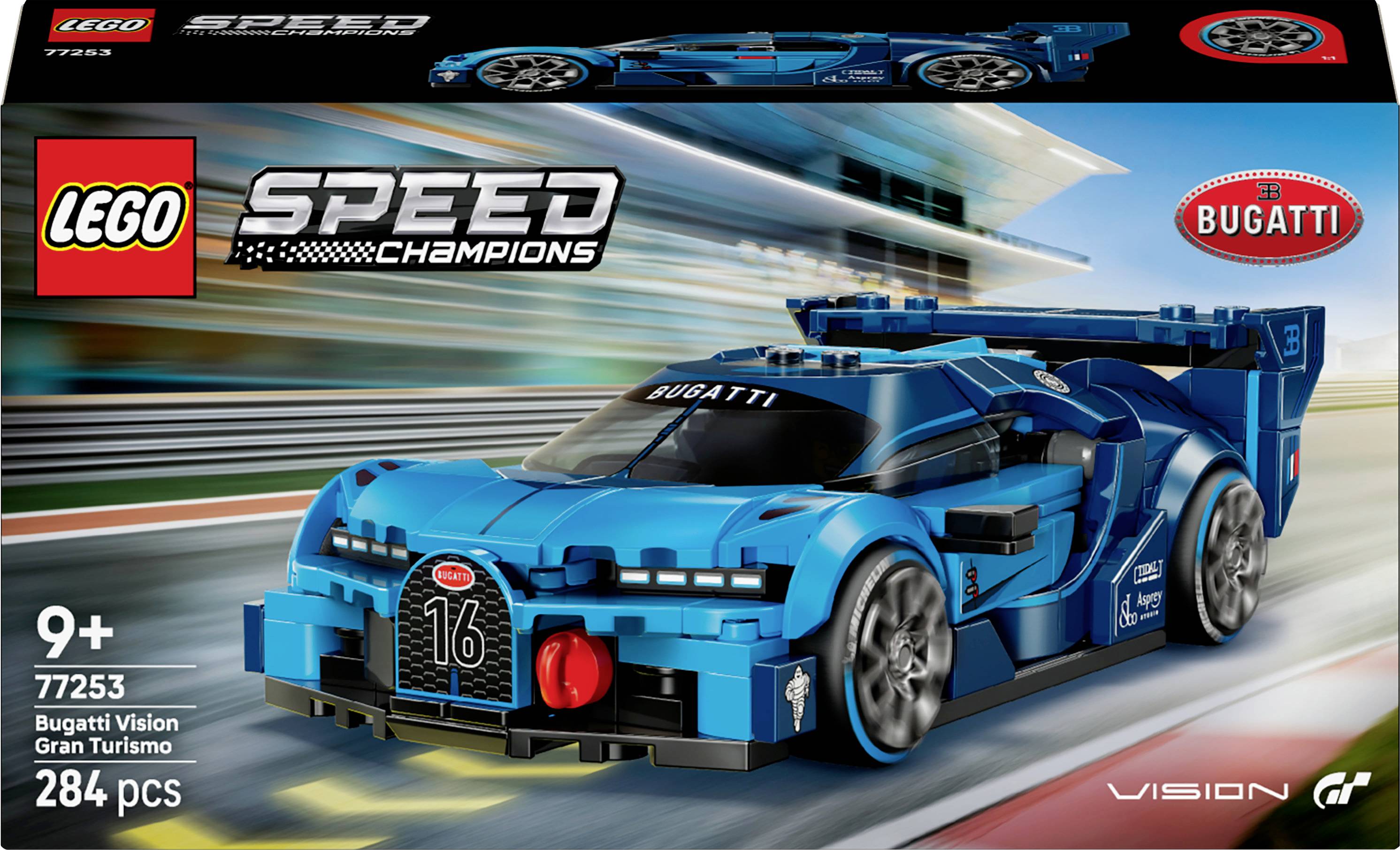 Ensemble 'Lego Speed Champions Bugatti Vision Gran Turismo' pour les 9 ans et plus, avec 284 pièces, présentant un modèle de voiture de course bleue.