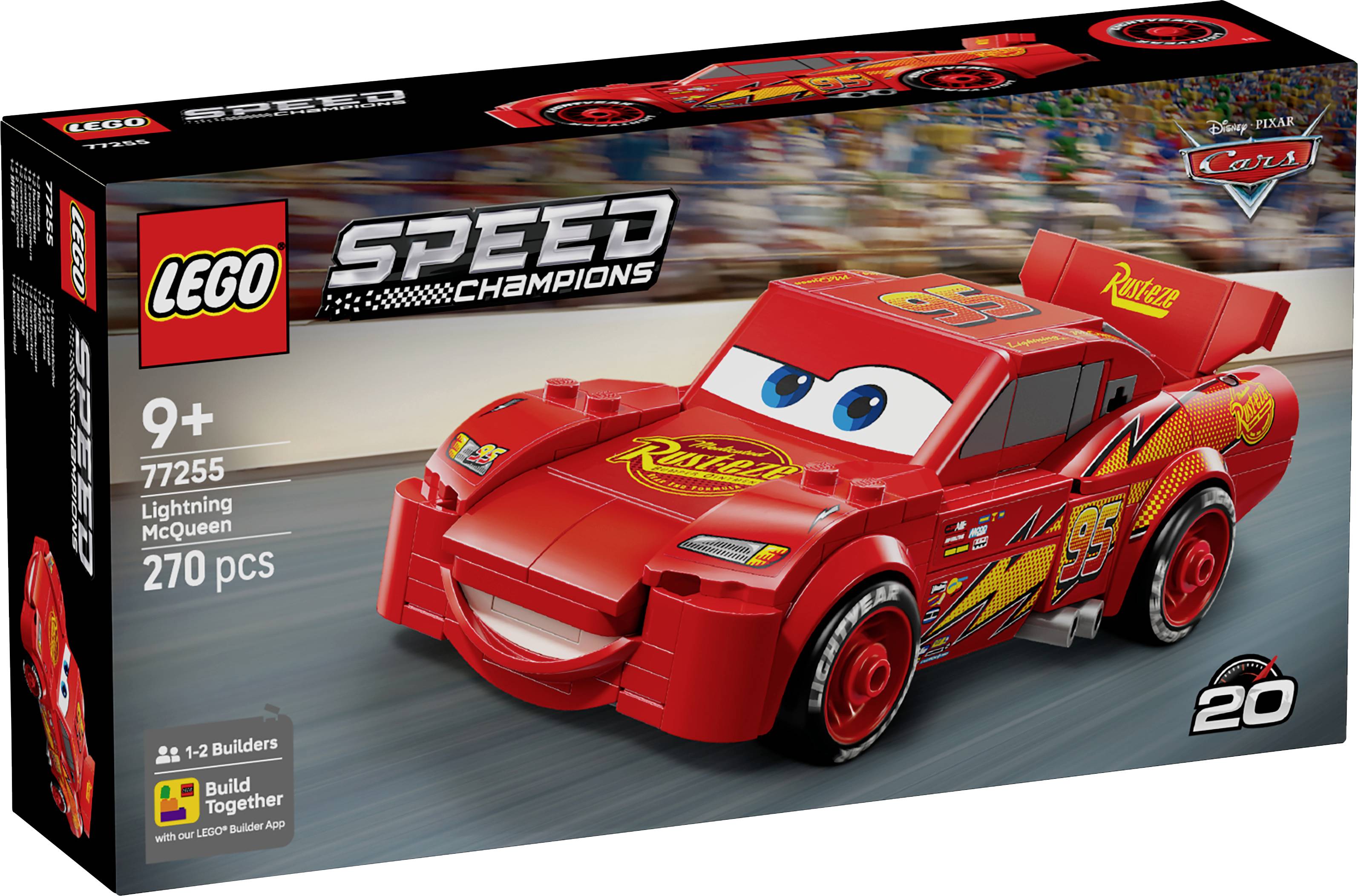 Ensemble LEGO Speed Champions présentant une voiture de course rouge ressemblant à Flash McQueen du film 'Cars'. Pour les 9 ans et plus, comprenant 270 pièces.