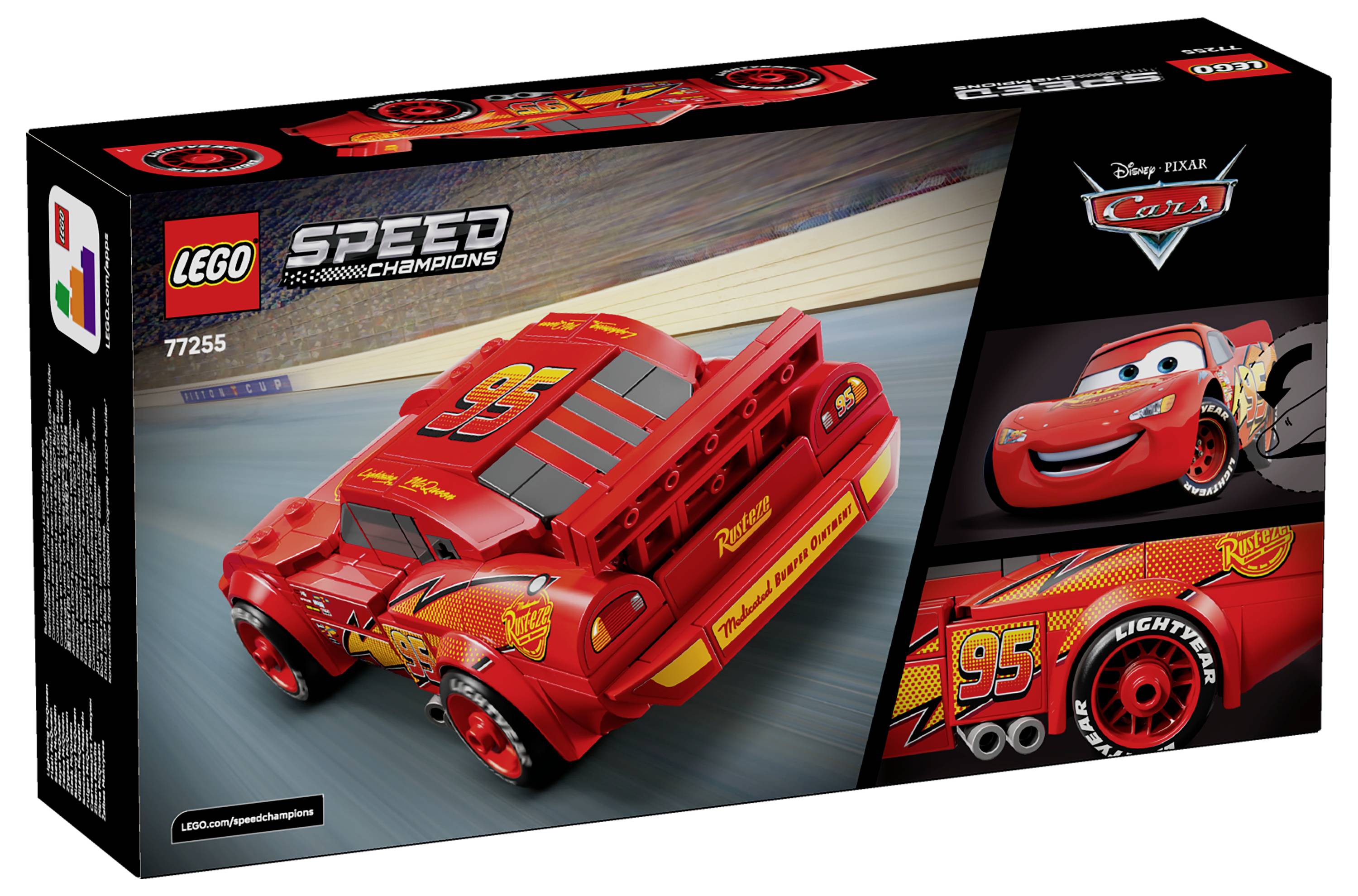 Boîte de LEGO Speed Champions '95' de Disney Pixar Cars, comprenant une voiture de course rouge jouet avec des autocollants colorés et des images de personnages.
