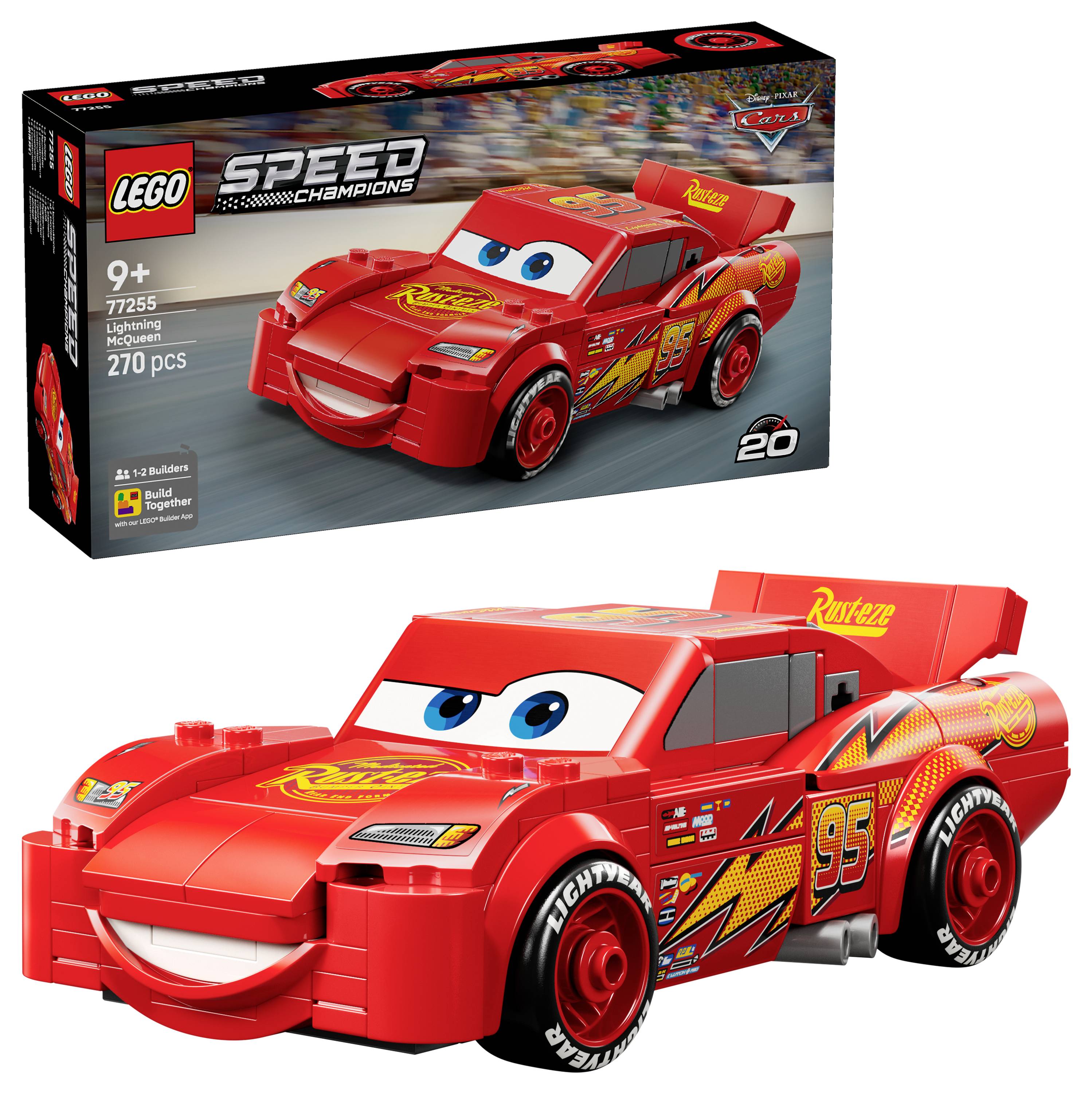 Ensemble LEGO présentant une voiture de course rouge avec des yeux et une bouche souriante, ressemblant à un personnage animé. La boîte affiche 'Speed Champions', le numéro de l'ensemble et le nombre de pièces.