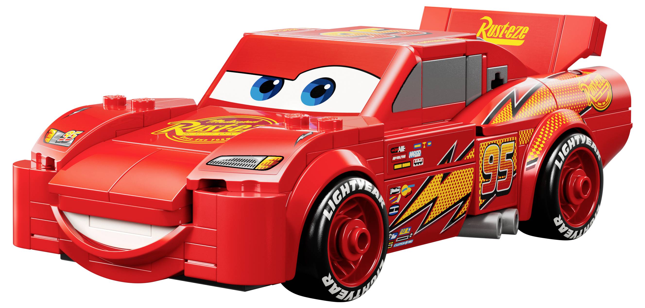 Une voiture miniature ressemblant à une voiture de course, avec une carrosserie rouge vif, des yeux sur le pare-brise, des autocollants, et le numéro '95' sur le côté.