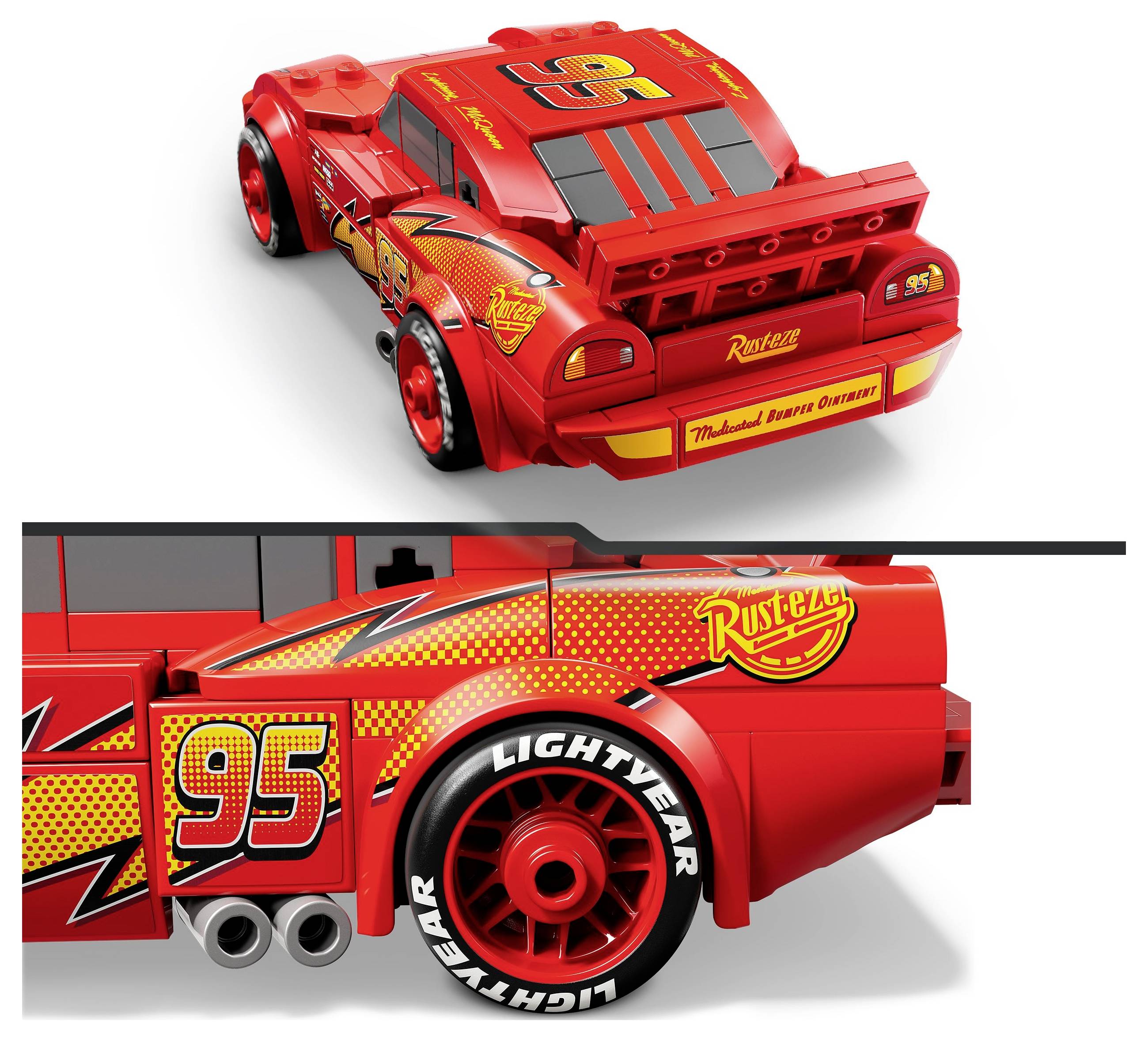 Une voiture de course miniature rouge avec des décalcomanies colorées représentant des éclairs, portant le numéro '95' sur le côté, et arborant la marque 'Rust-eze', ressemblant à un personnage de film d'animation.