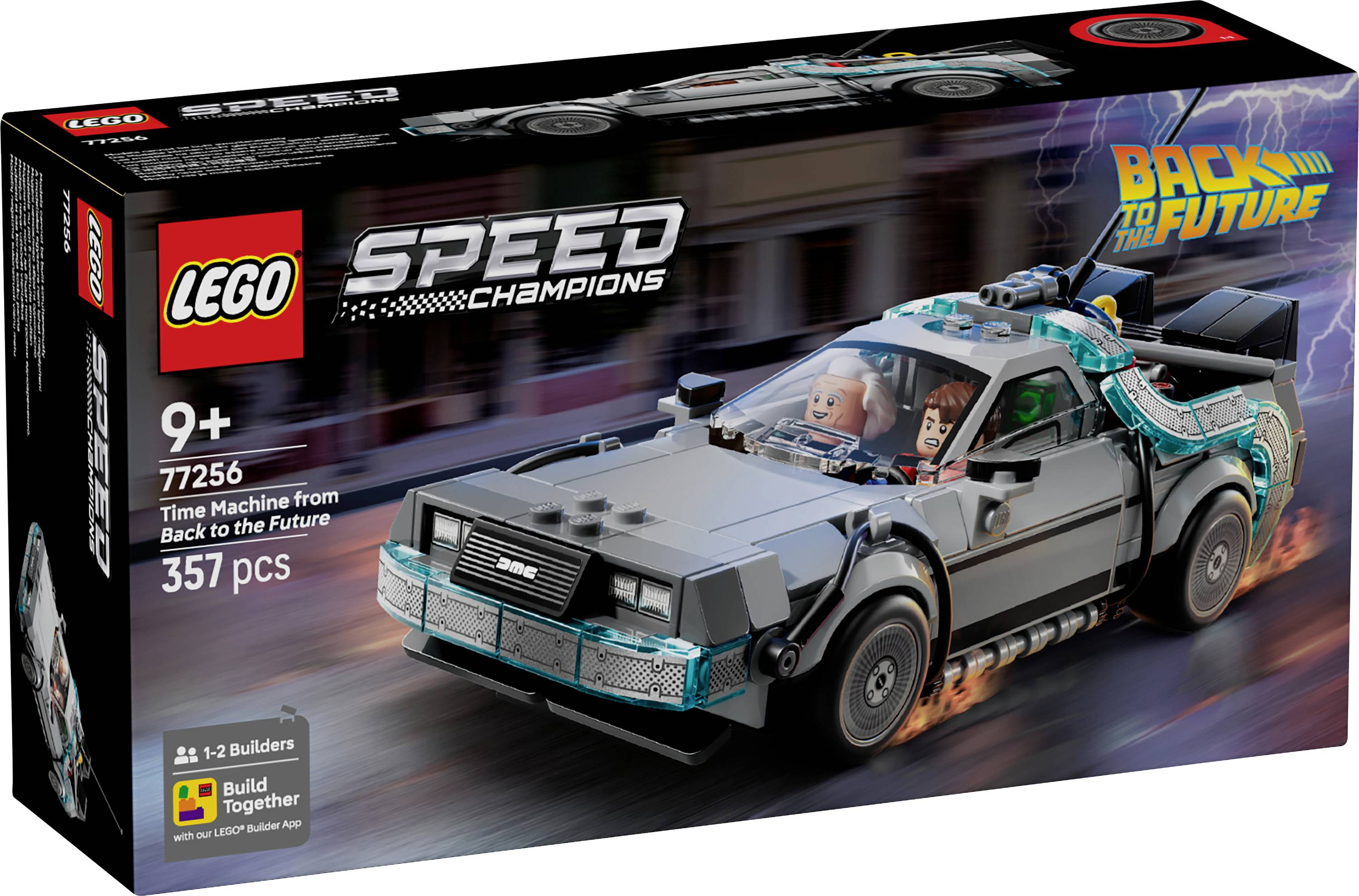 Ensemble LEGO Speed Champions avec un modèle de DeLorean de 'Retour vers le futur'. La boîte montre deux personnages à l'intérieur de la voiture, étiqueté pour les 9 ans et plus, 357 pièces.