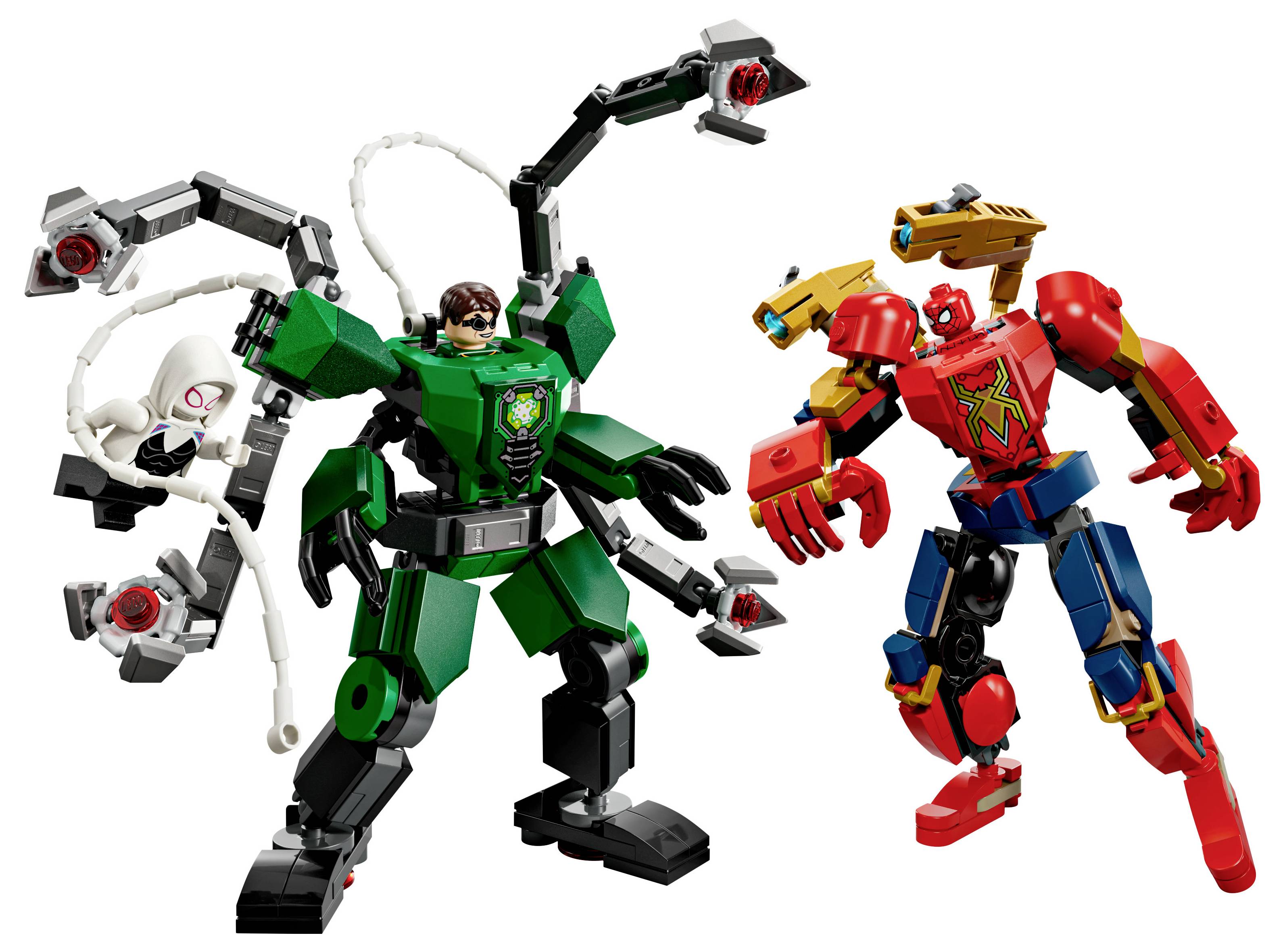 Deux figures humanoïdes colorées créées avec des blocs de construction : l'une en vert avec des bras robotiques et l'autre en rouge et bleu avec des motifs animaliers.