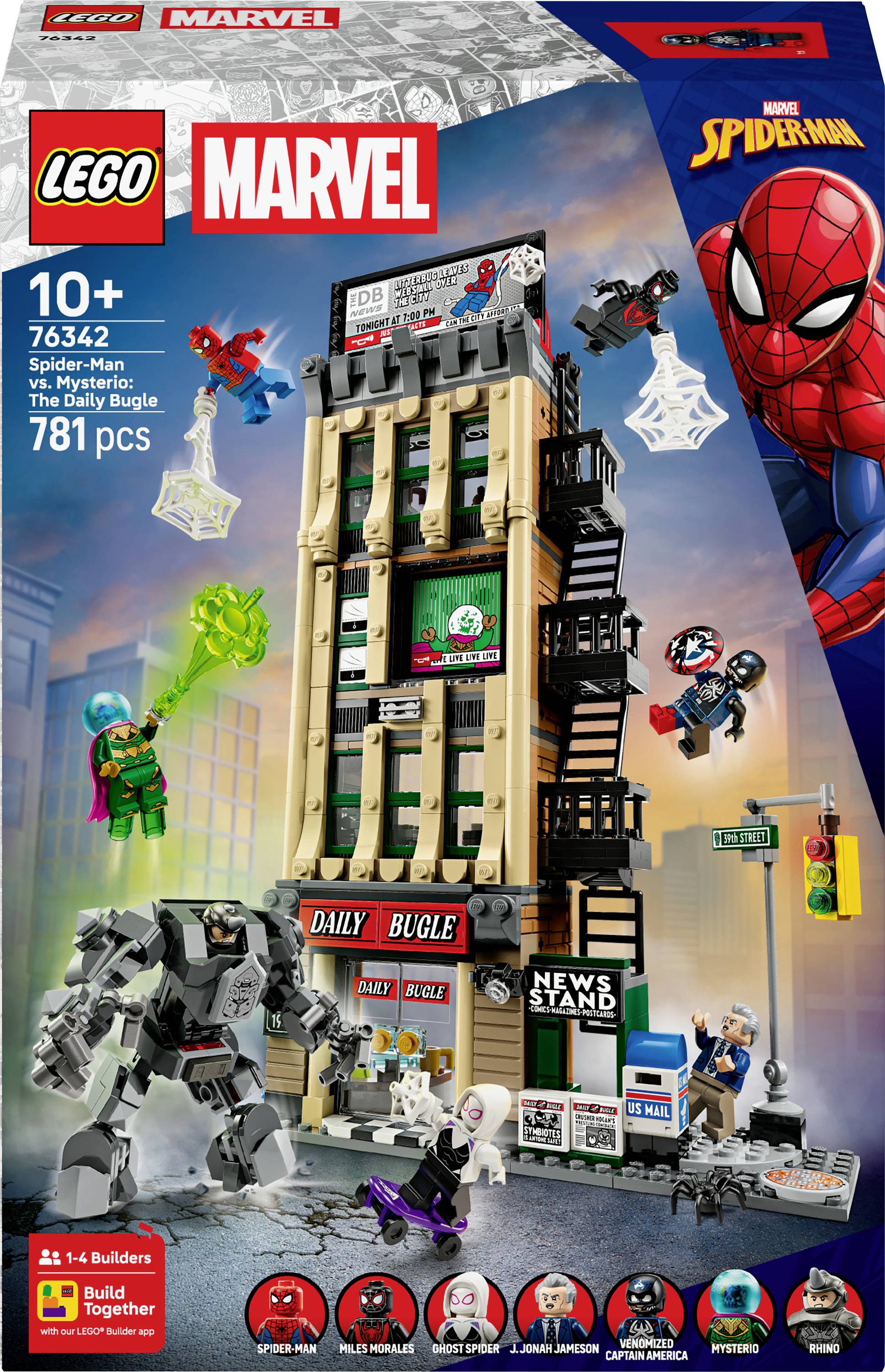 Ensemble LEGO Marvel avec Spider-Man et des méchants dans une scène de bataille autour d'un bâtiment du Daily Bugle détaillé, conçu pour les enfants de 10 ans et plus.