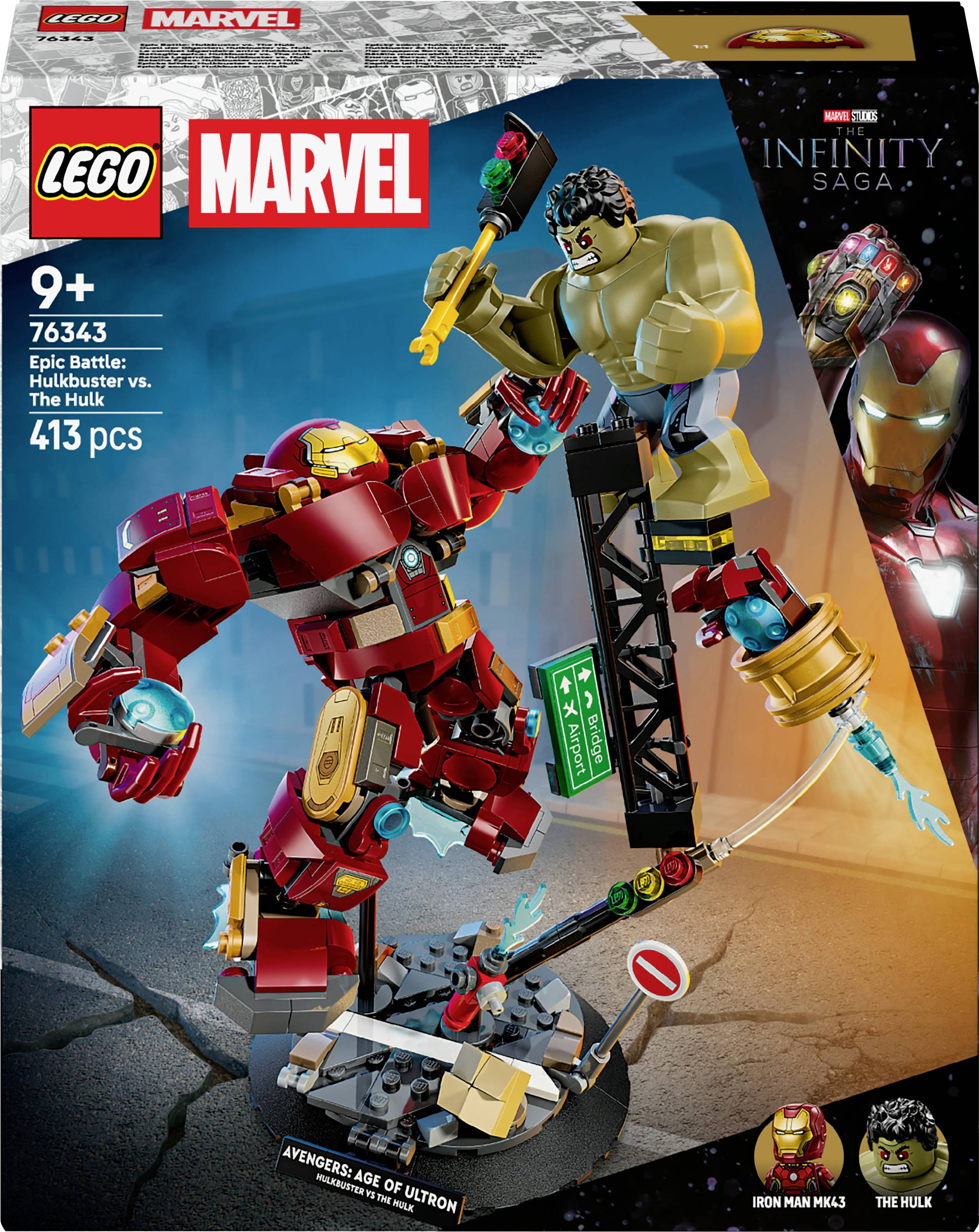Ensemble LEGO Marvel 'Bataille Épique : Hulkbuster contre Hulk' pour les 9 ans et plus, comprenant deux figurines en combat, faisant partie de la série Infinity Saga.