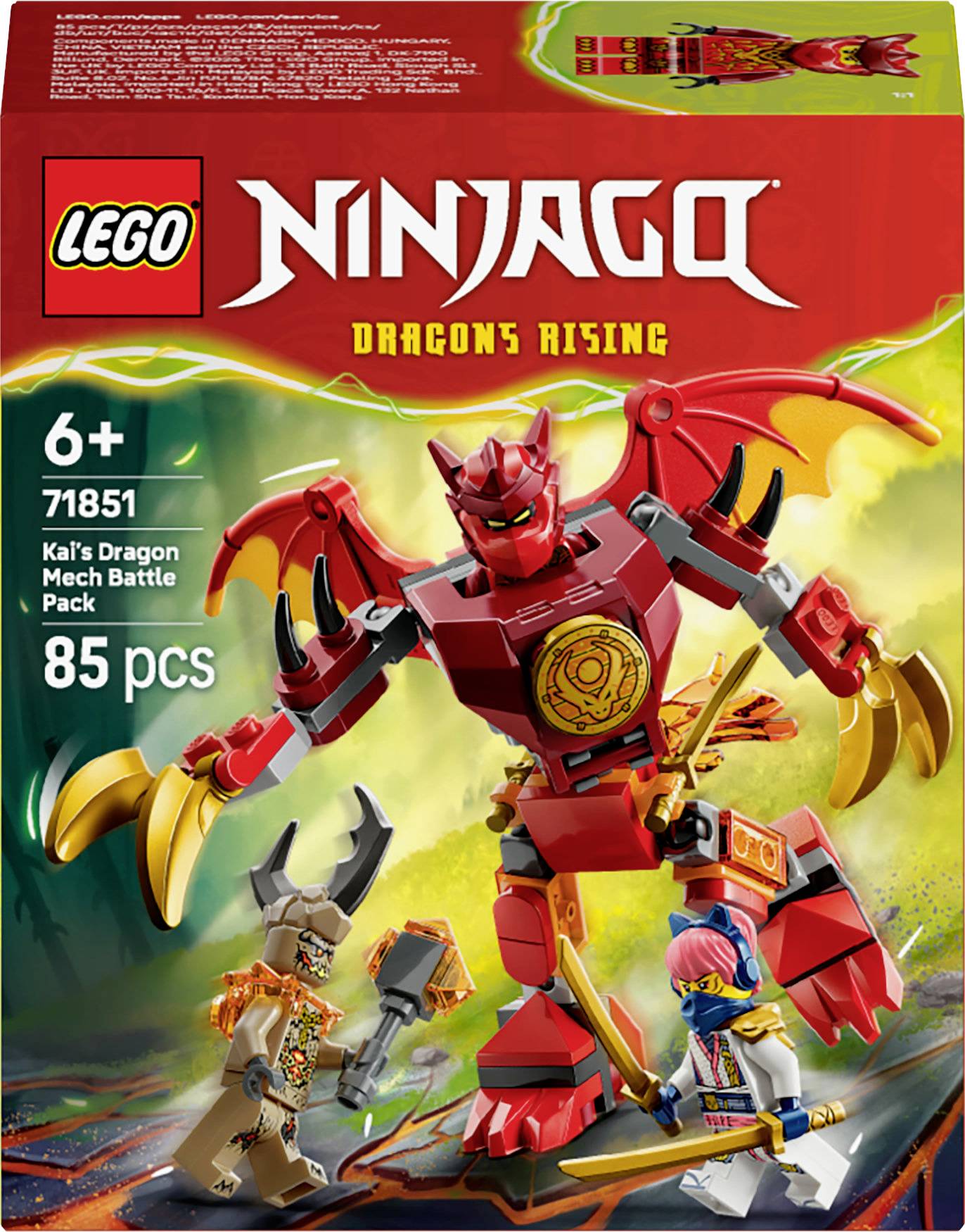 LEGO Ninjago 'Dragons Rising' ensemble 71851. Comprend un mech dragon avec 85 pièces et deux mini-figurines de personnages. Pour les enfants de 6 ans et plus.