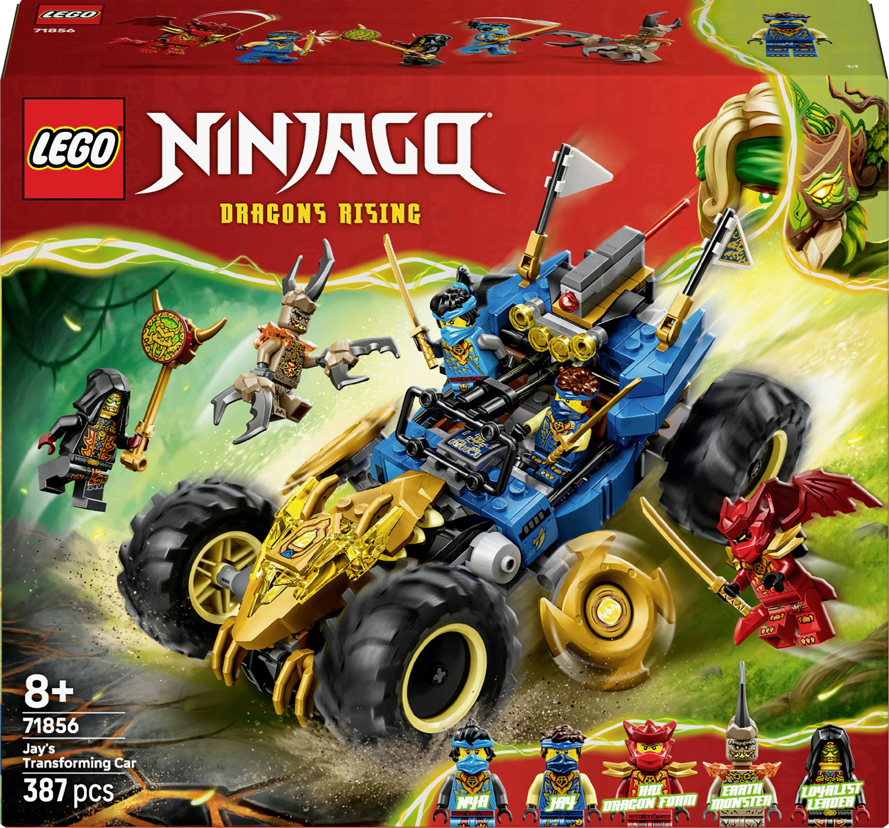 LEGO Ninjago boîte présentant la 'Voiture Transformable de Jay', 387 pièces, pour enfants de 8 ans et plus. Comprend le set de Jay et de son véhicule issu de 'Dragons Rising'.