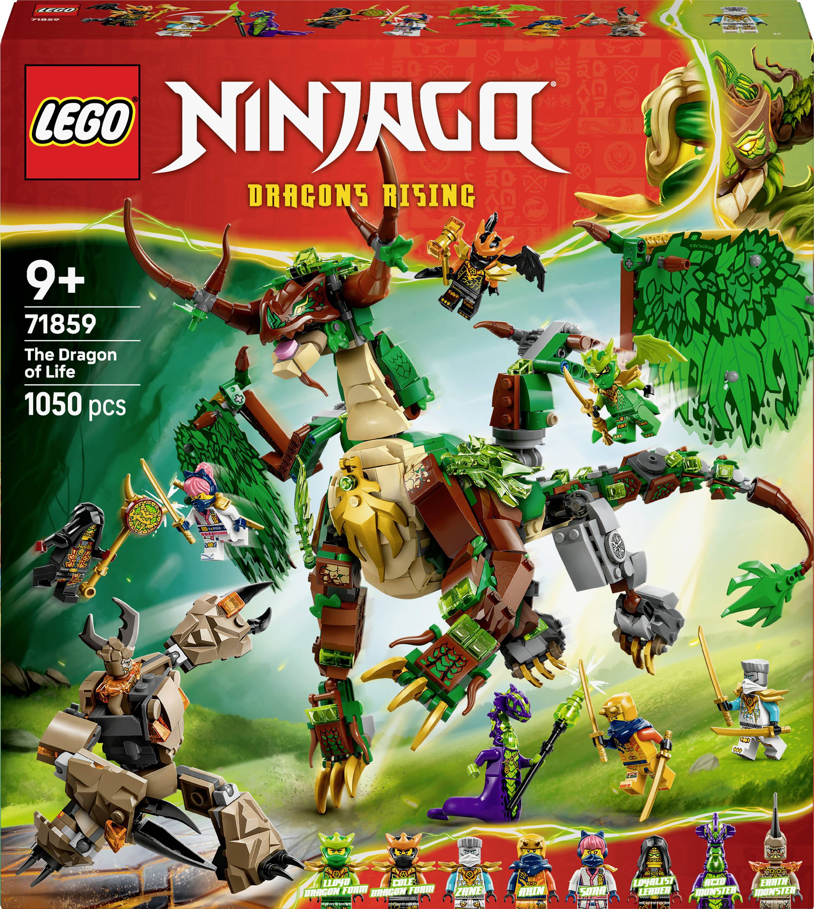 Ensemble LEGO Ninjago 'Dragons Rising' pour enfants de 9 ans et plus, comprenant 'Le Dragon de la Vie' avec 1050 pièces. Inclut divers personnages en minifigurine.
