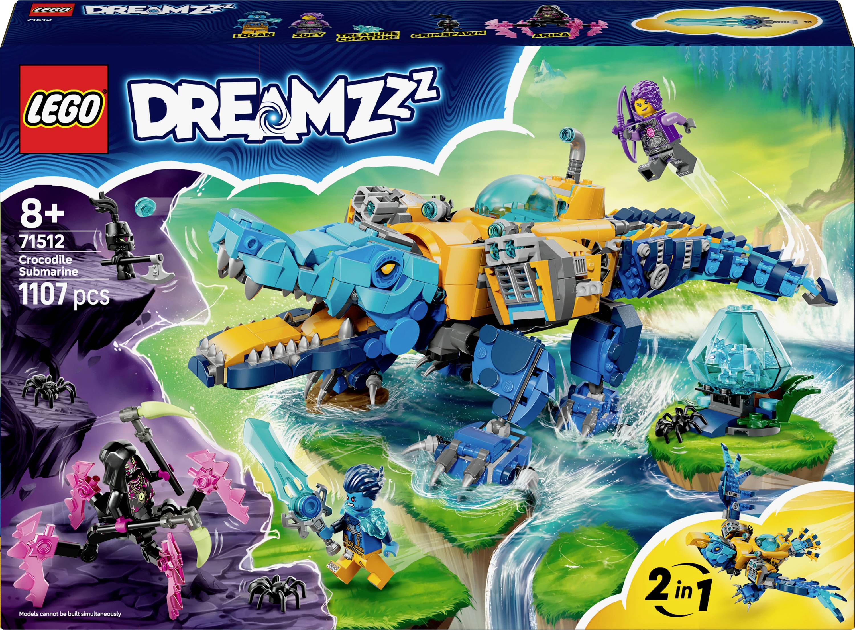 Ensemble LEGO DREAMZzz Sous-marin Crocodile pour enfants de 8 ans et plus, comprenant 1107 pièces. Représente un sous-marin coloré ressemblant à un crocodile dans une scène d'aventure.