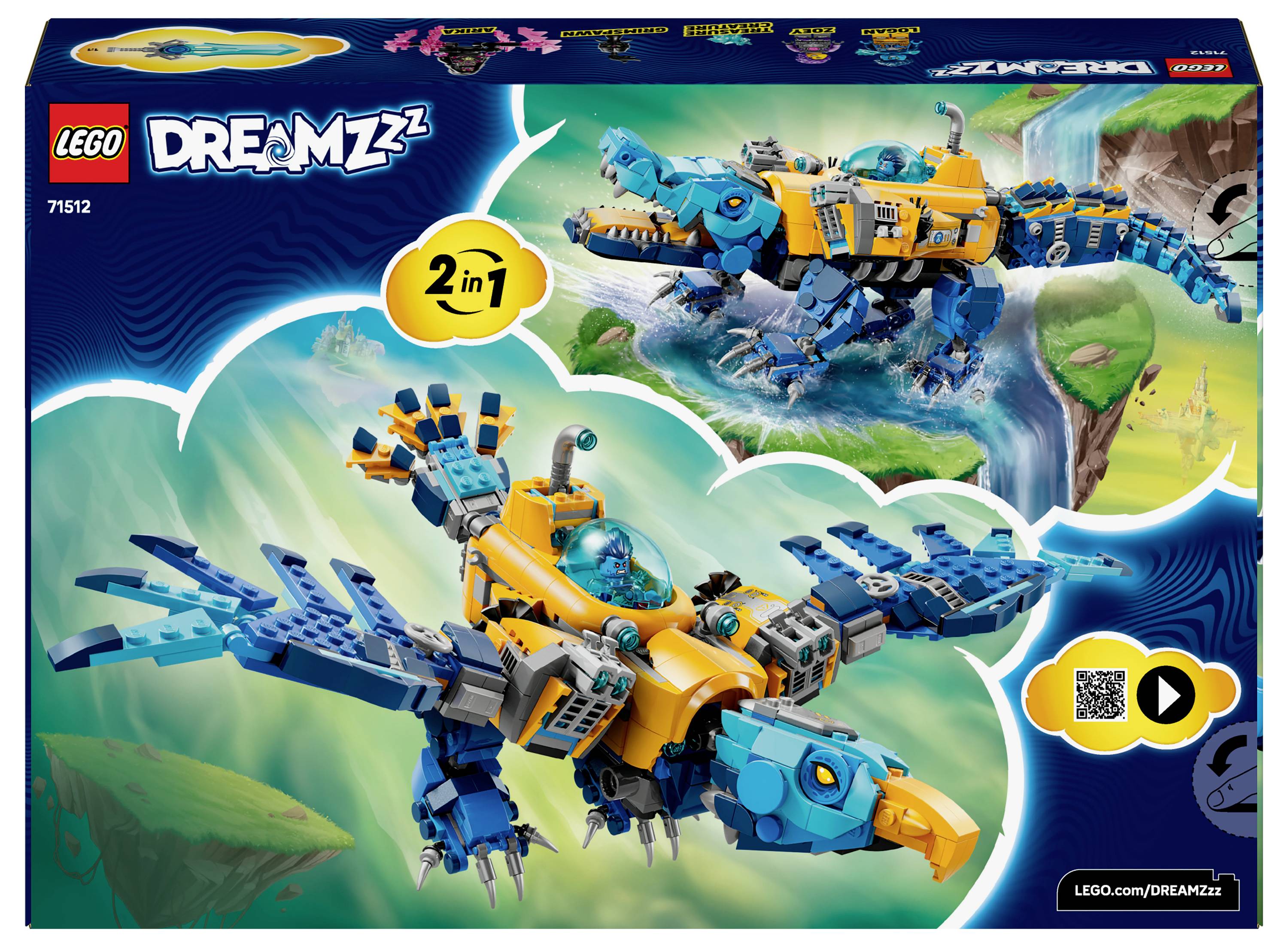 Lego-Set-Box mit einem Transformerspielzeug, das von einem blauen Drachen in einen Vogel verwandelt werden kann. Enthält Logo, QR-Code und Details zum Set.