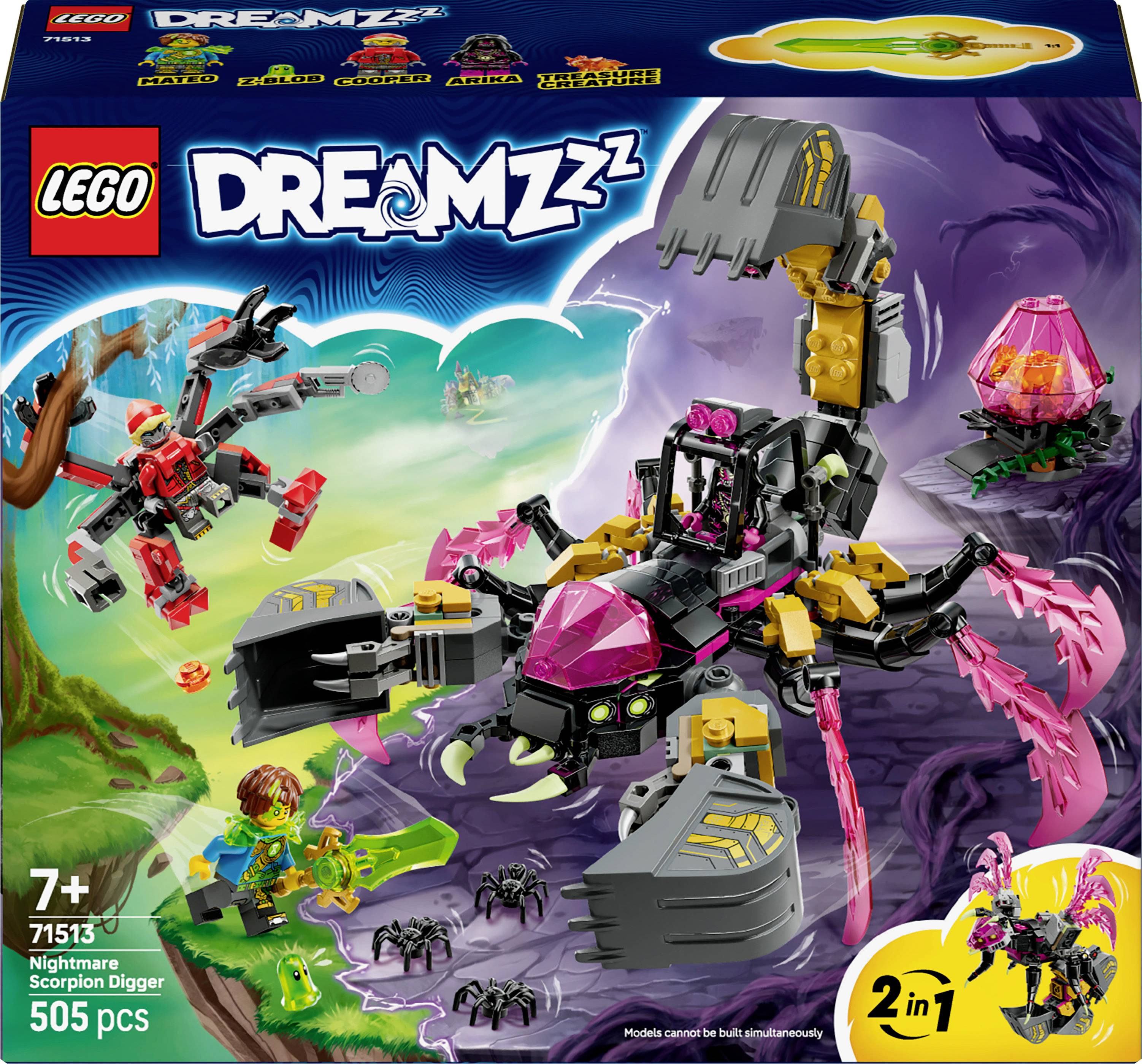Ensemble LEGO 'DREAMZzz' référence 71513 avec une grande figurine de scorpion, des mini-figurines et des accessoires, présentant des couleurs vives et une option de construction '2 en 1'.