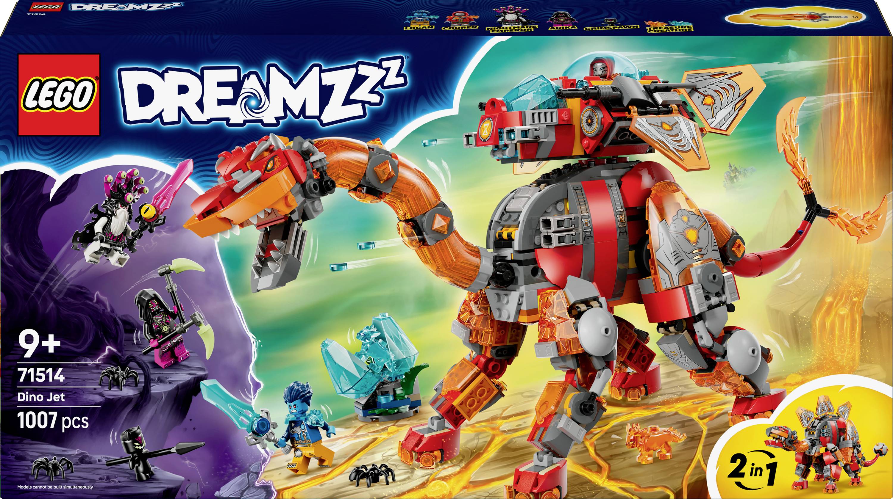 Un ensemble de jouet LEGO 'DREAMZzz' Dino Jet présentant un dinosaure robotique orange et gris avec des personnages, destiné aux enfants de 9 ans et plus, comprenant 1007 pièces.