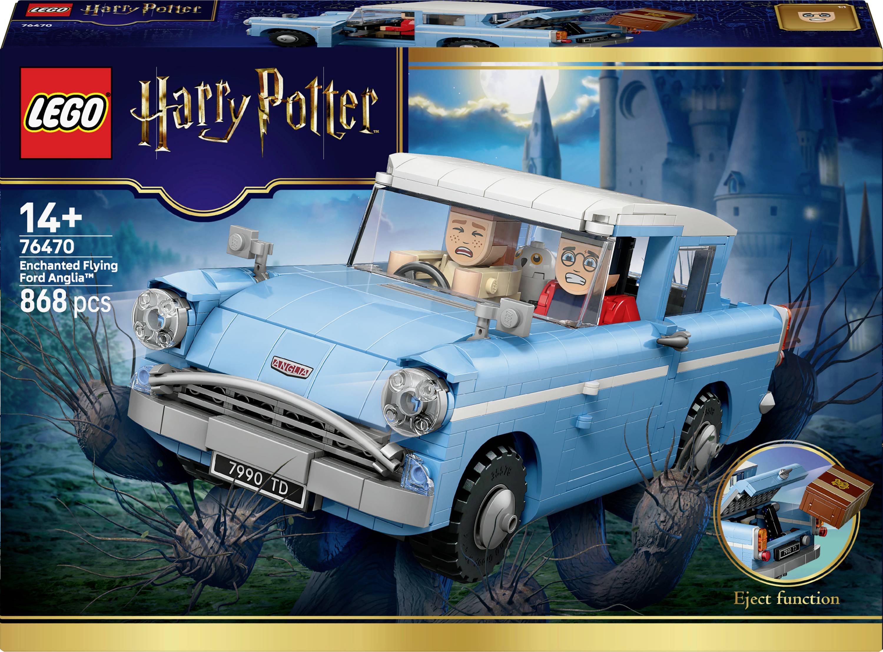Un ensemble Lego 'Harry Potter' de la Ford Anglia Volante Enchantée, pour les 14 ans et plus, contient 868 pièces. L'emballage présente la voiture avec deux mini-figurines à l'intérieur.