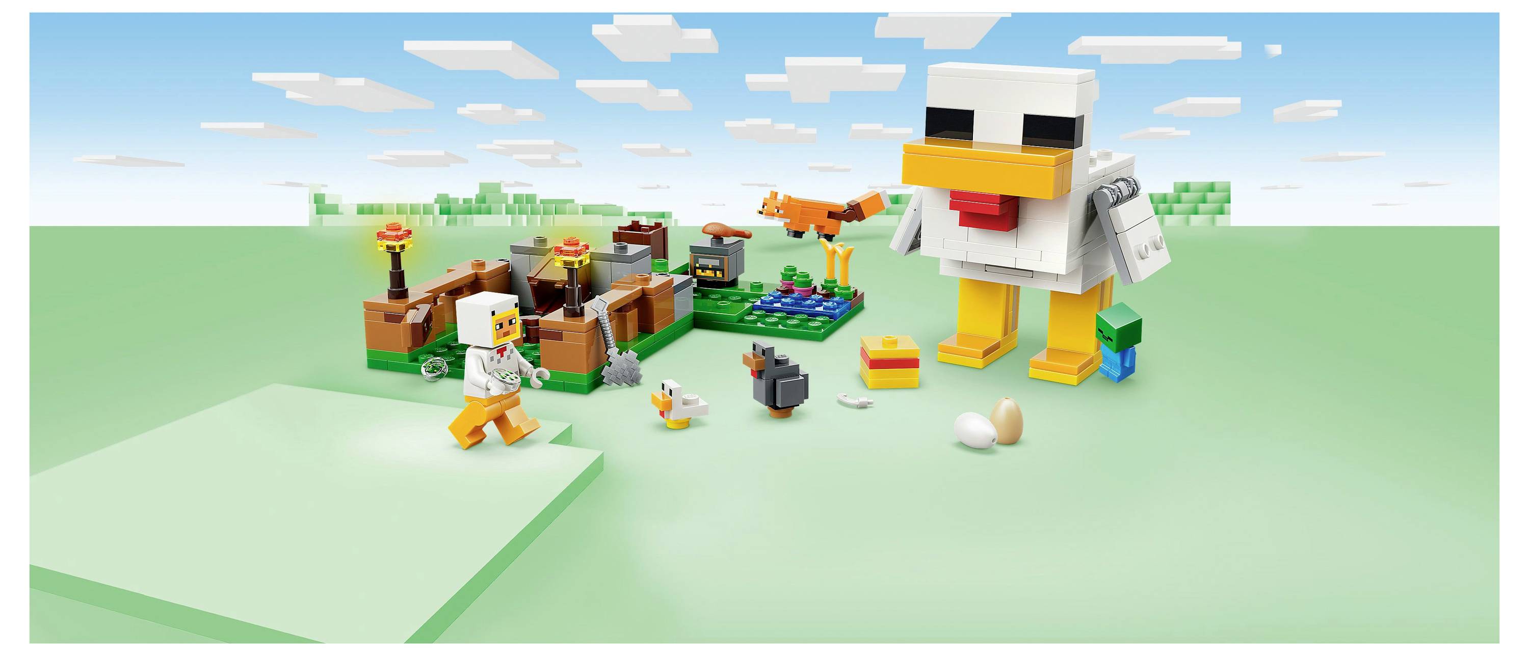 Ensemble de blocs de construction représentant une scène de ferme avec un grand poulet, de plus petits poussins, un personnage de fermier, des œufs et des accessoires.