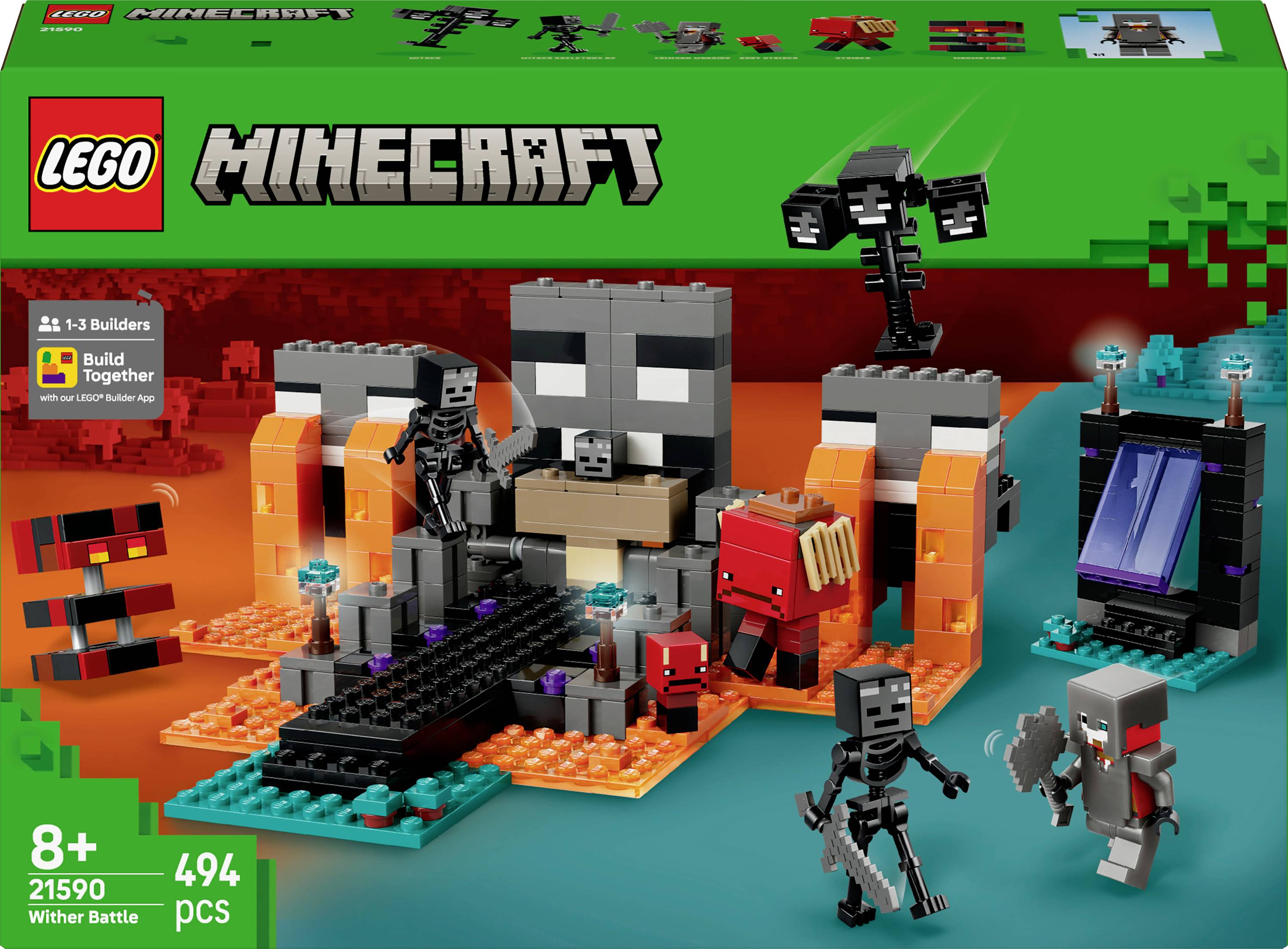 Ensemble LEGO Minecraft 'Bataille contre le Wither' comprenant des squelettes, une figurine de Wither, et une forteresse cubique avec de la lave. Recommandé pour les enfants de 8 ans et plus.