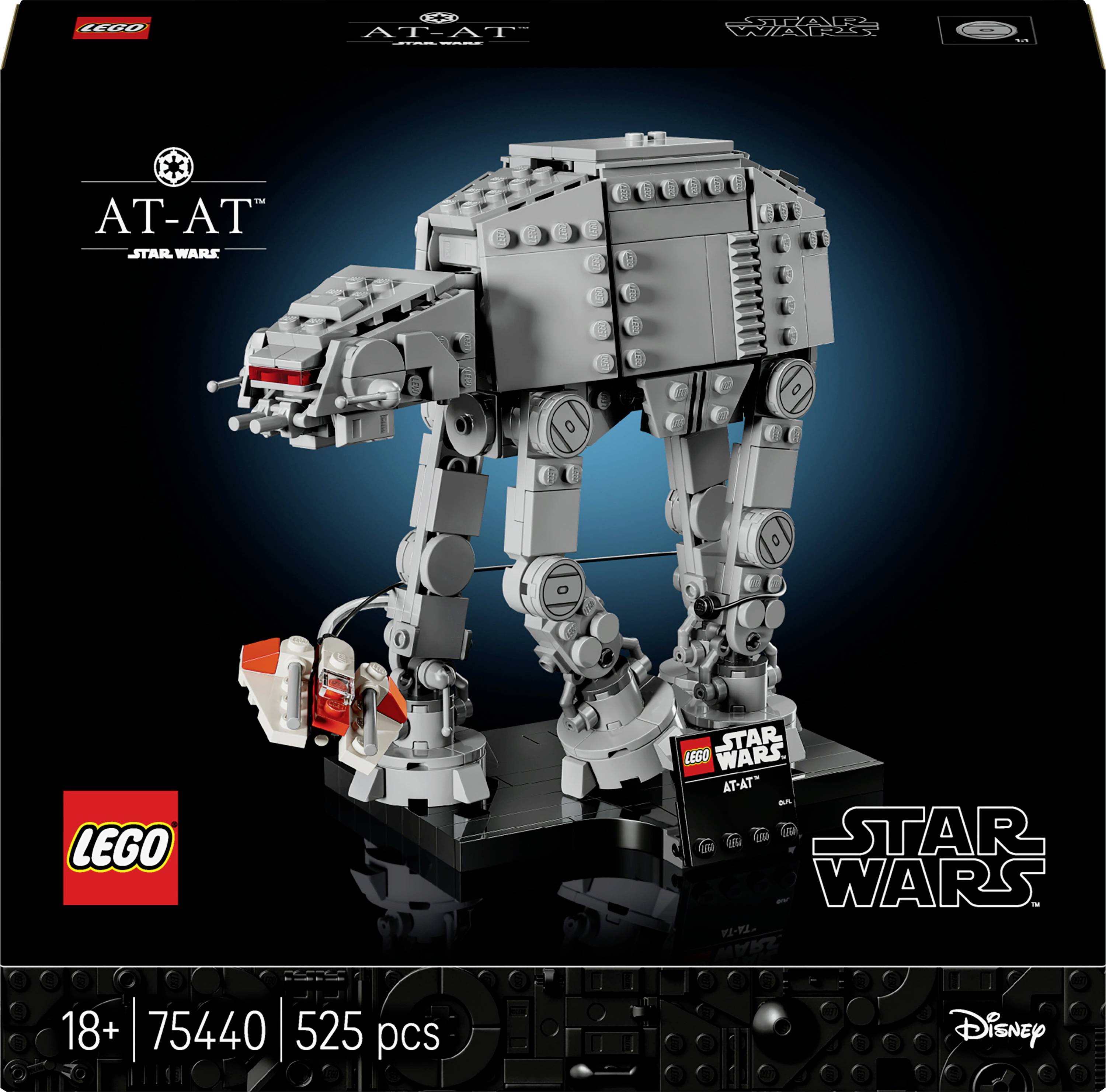 L'image présente un kit de modèle LEGO Star Wars AT-AT, conçu pour les adultes de 18 ans et plus, comprenant 525 pièces, exposé sur un fond sombre avec l'identité de marque.