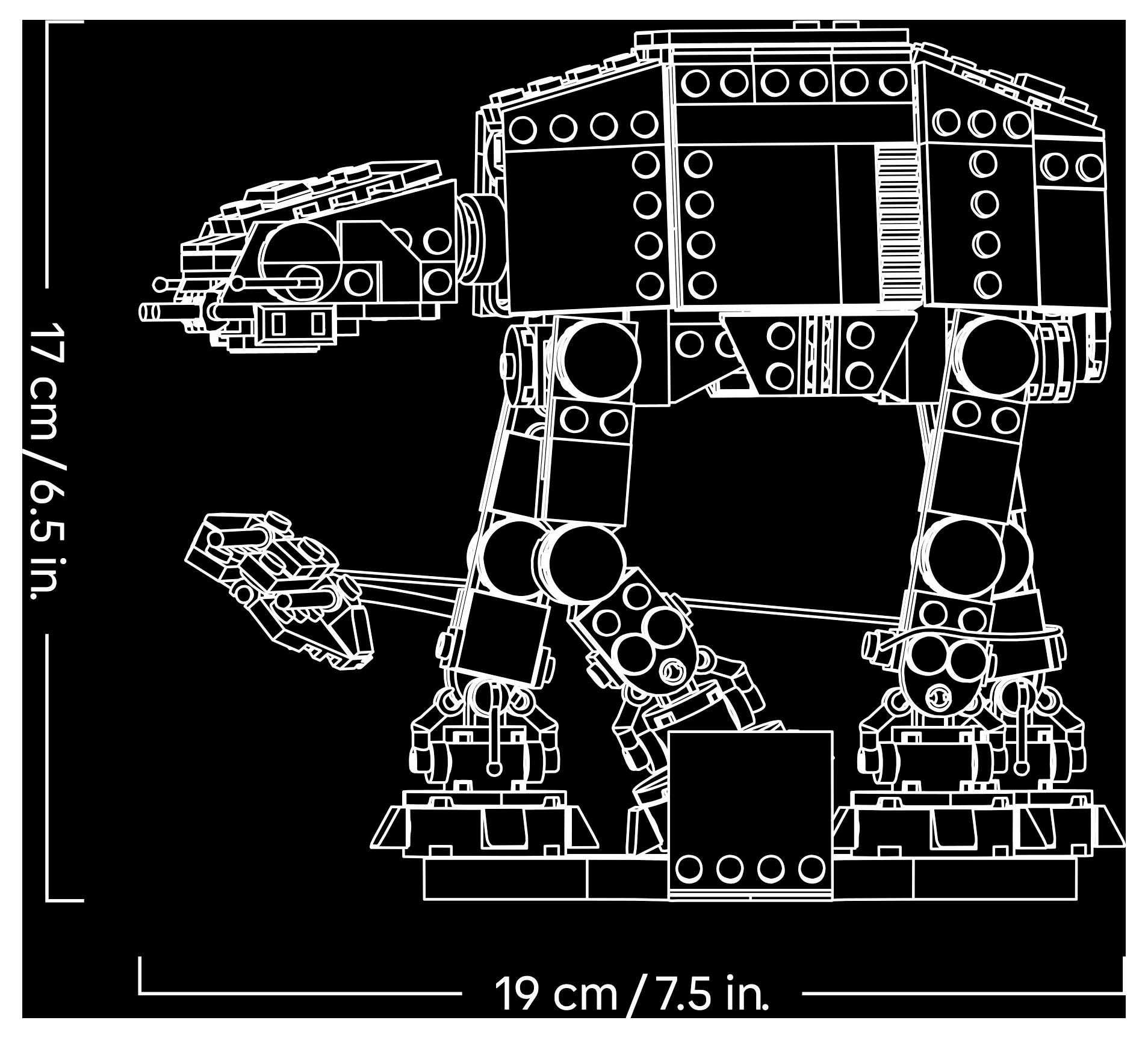 Dessin au trait d'un marcheur mécanique quadrupède de style bloc, avec dimensions : 17 cm/6,5 po de haut et 19 cm/7,5 po de long.