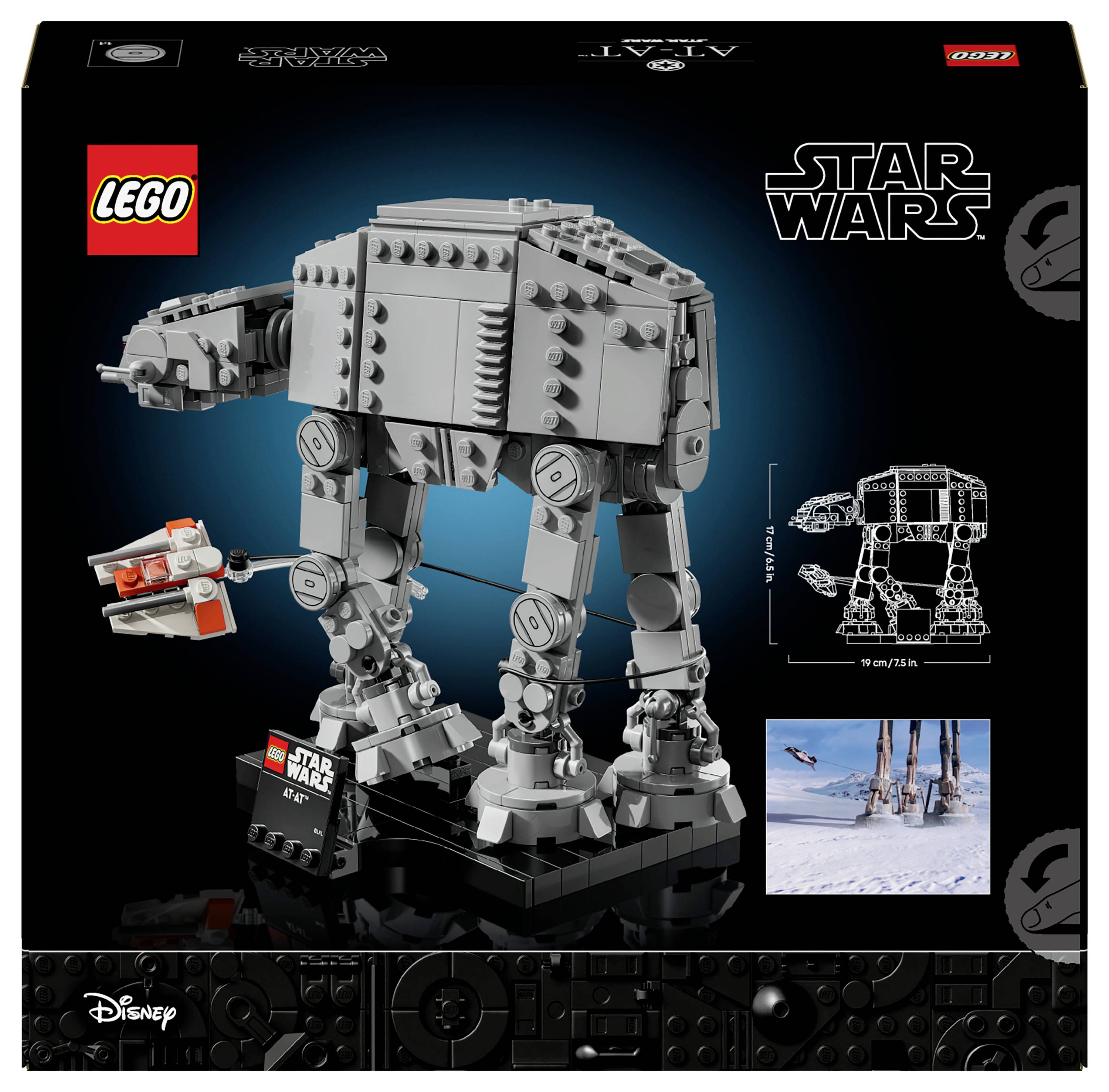 Coffret LEGO Star Wars AT-AT représentant le marcheur à quatre pattes emblématique de la série, accompagné d'une petite image de l'AT-AT en action.