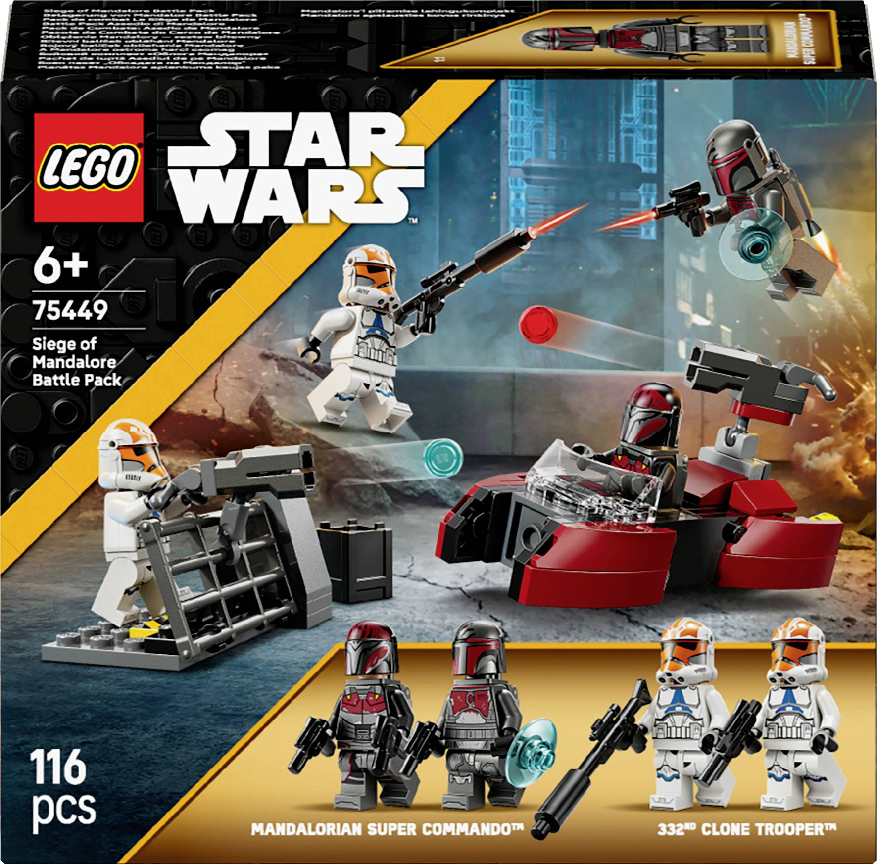Pack de bataille du Siège de Mandalore LEGO Star Wars avec des figurines de Mandaloriens, des blasters et une position de défense. Pour les enfants de 6 ans et plus.