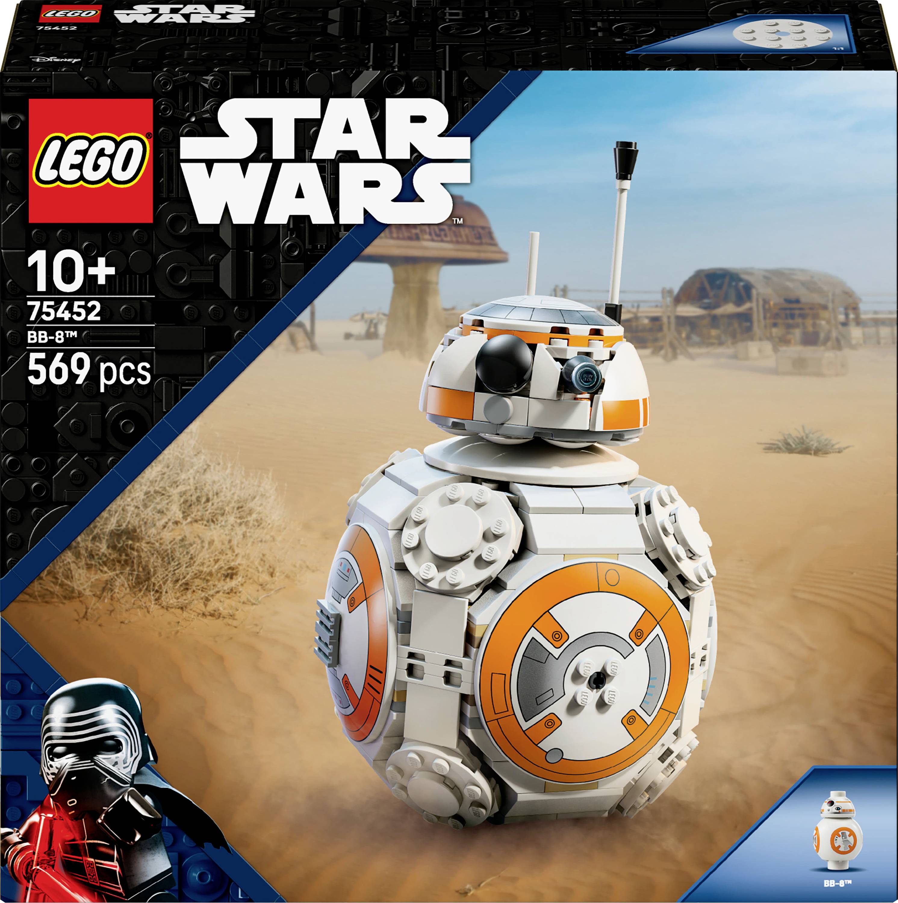Ensemble LEGO 'Star Wars' BB-8. Comprend 569 pièces, recommandé pour les âges 10 et plus. La boîte présente le droïde BB-8 dans un décor désertique.