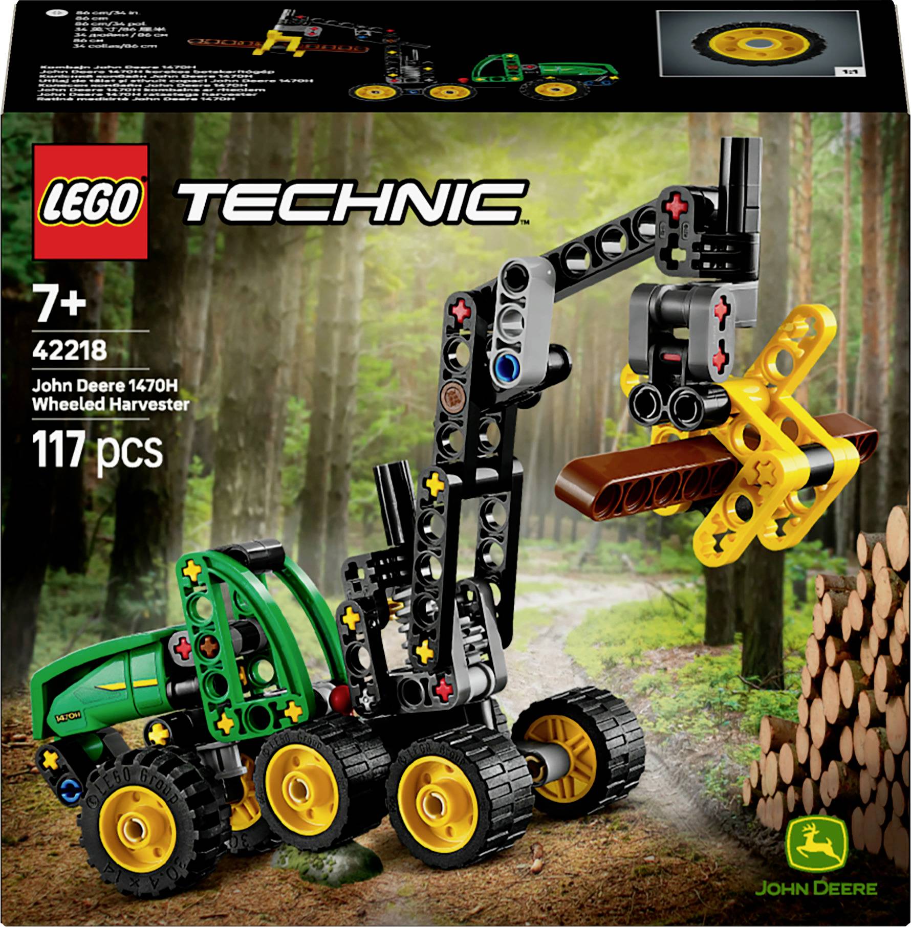 Lego Technic John Deere 1470H Harvester à roues, 117 pièces, à partir de 7 ans, présentant un véhicule forestier jaune et vert aux détails réalistes.