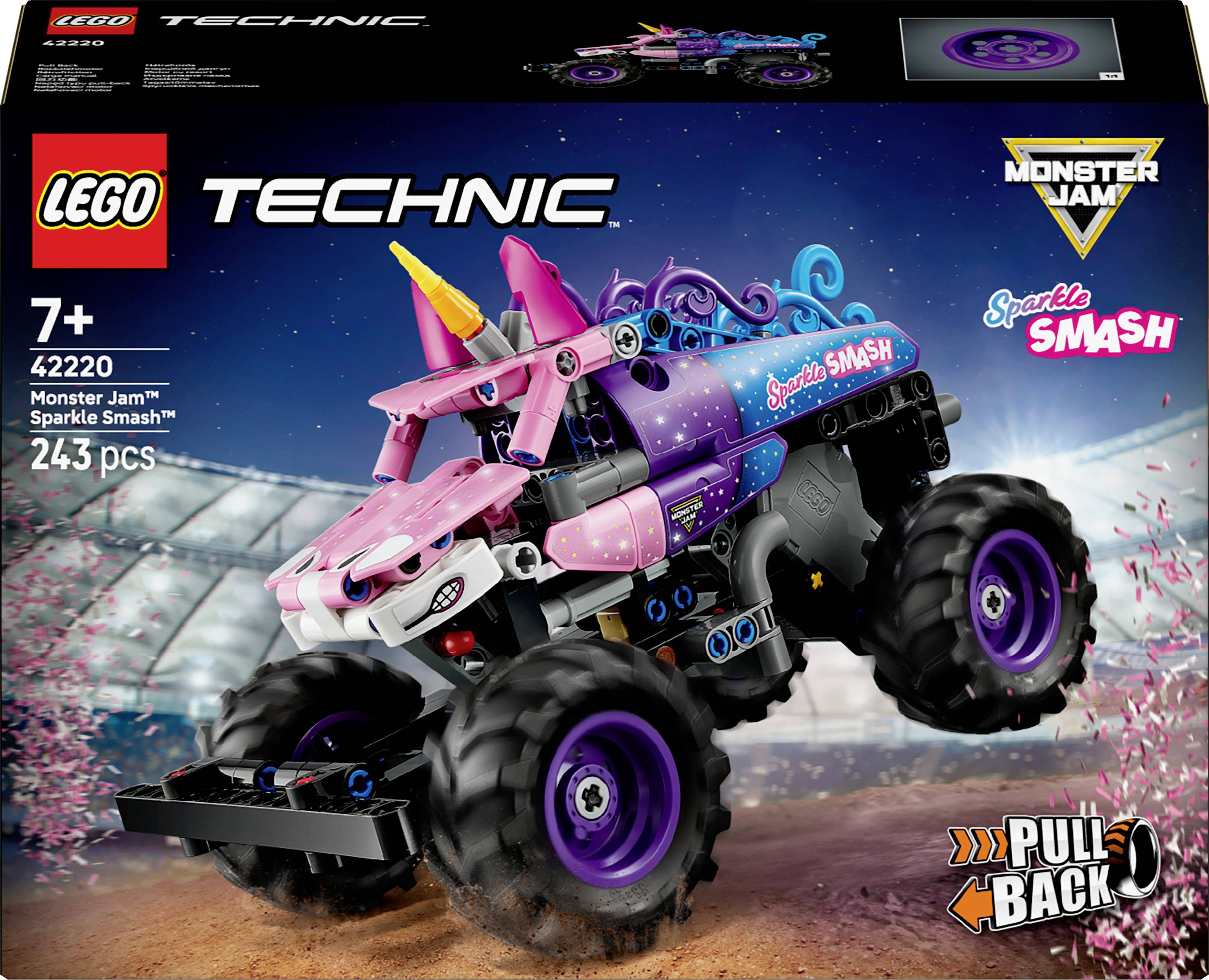 L'image présente un ensemble LEGO Technic Monster Jam 'Sparkle Smash' destiné aux enfants de 7 ans et plus, comprenant un monster truck aux couleurs de licorne avec 243 pièces.