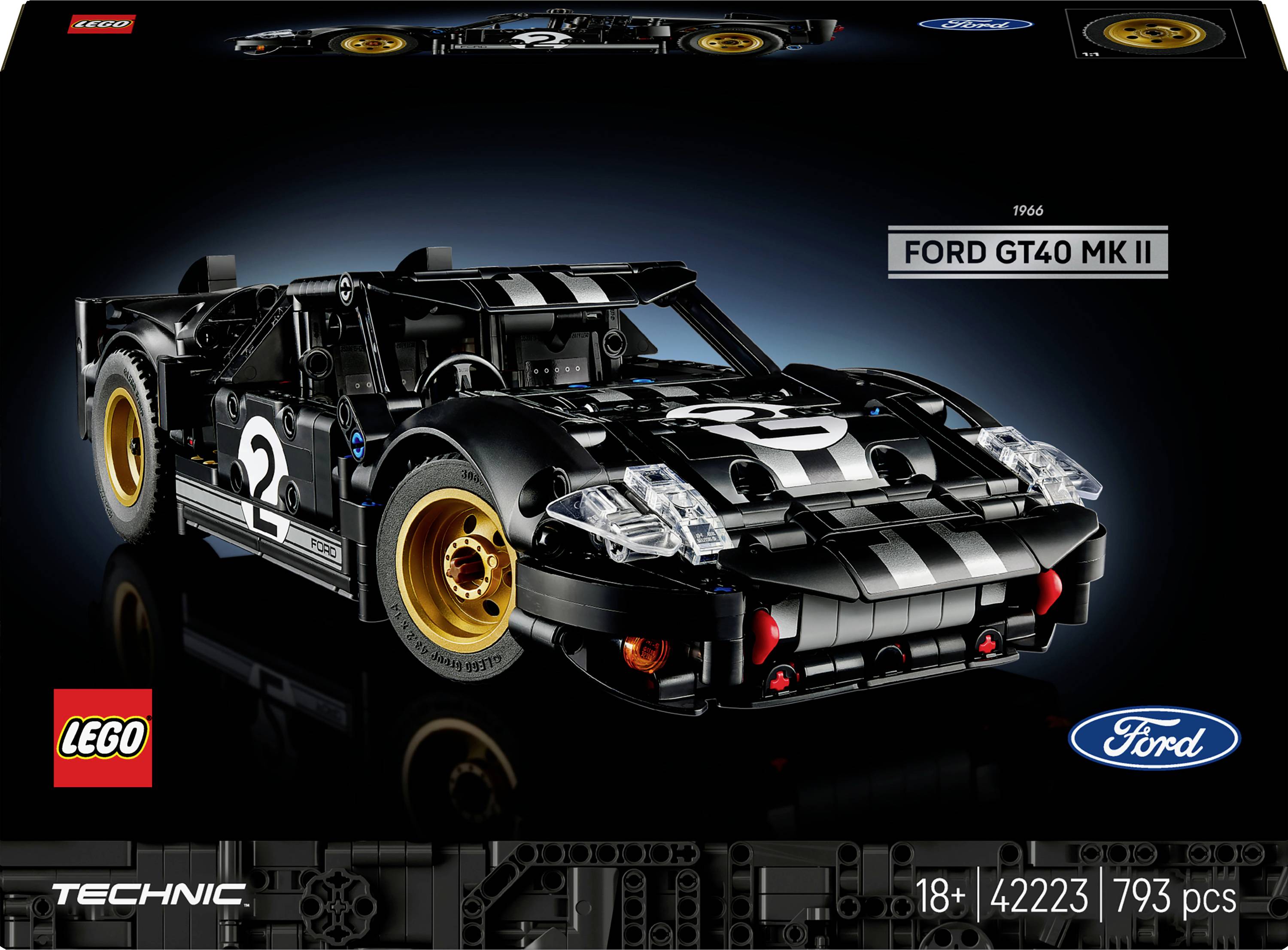 Ensemble 'Lego Technic Ford GT40 MK II', présentant un modèle de la voiture de course noire et blanche avec des jantes dorées. Comprend des logos et des informations sur l'ensemble.