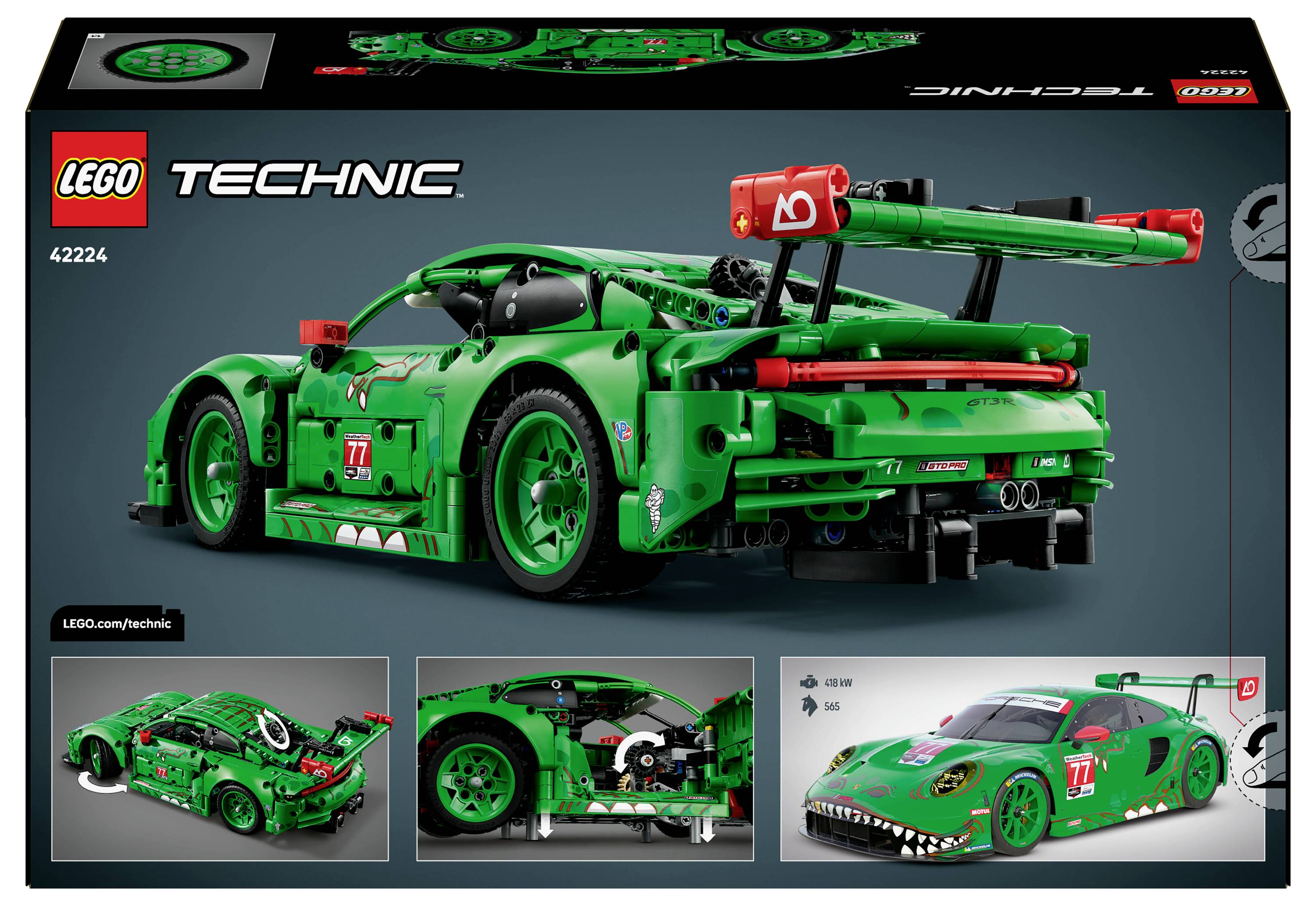 Modèle de voiture de sport LEGO Technic en vert avec des caractéristiques détaillées, présenté en étapes d'assemblage. Le coffret comprend le numéro de set 42224.