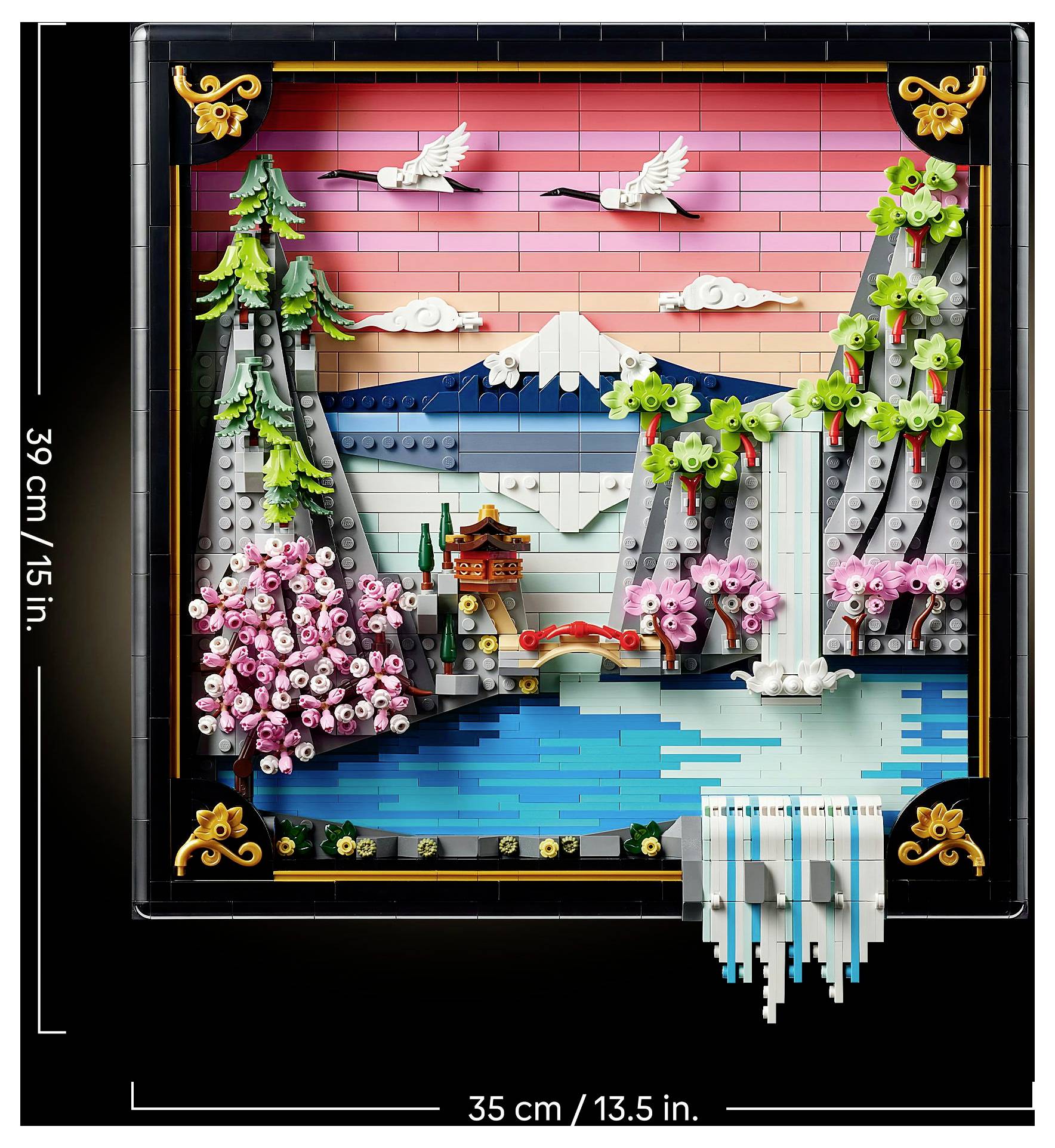 « Œuvre en Lego représentant un paysage pittoresque avec des montagnes, une cascade, des cerisiers en fleurs et des oiseaux en vol sur un ciel coloré. »