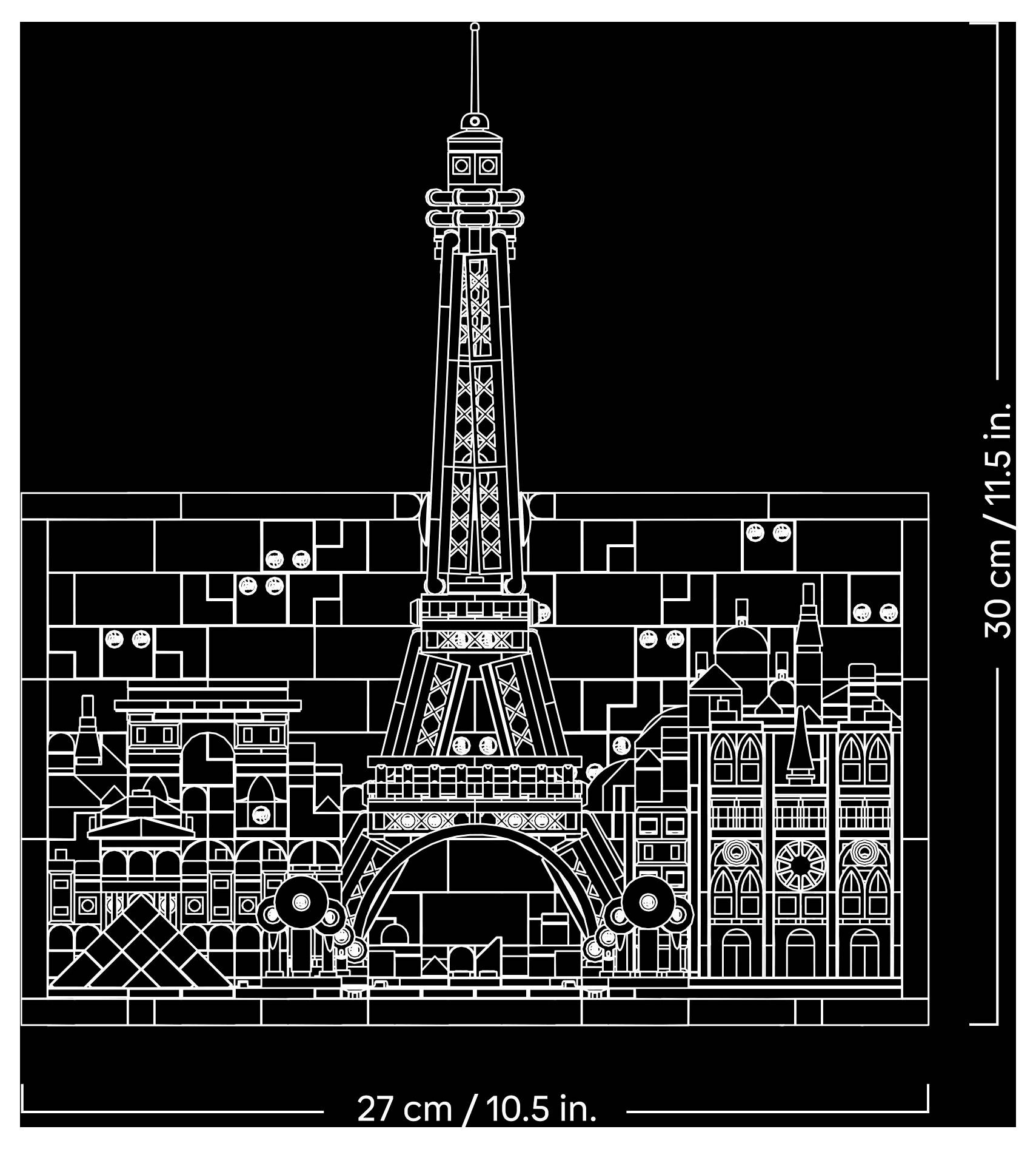 Illustration en noir et blanc de la Tour Eiffel avec des bâtiments parisiens environnants sur un fond noir, mesurant 30 cm par 27 cm.