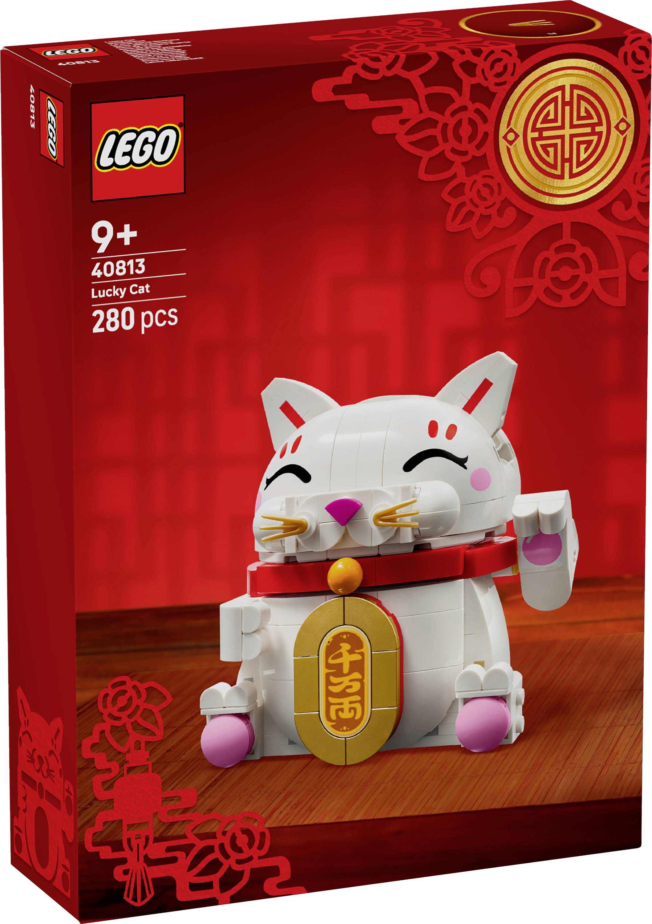 Ensemble 'Chat Chanceux Lego' avec un chat blanc à construire, sa patte levée, agrémenté d'accents rouges et dorés, convenant aux enfants de 9 ans et plus, composé de 280 pièces.