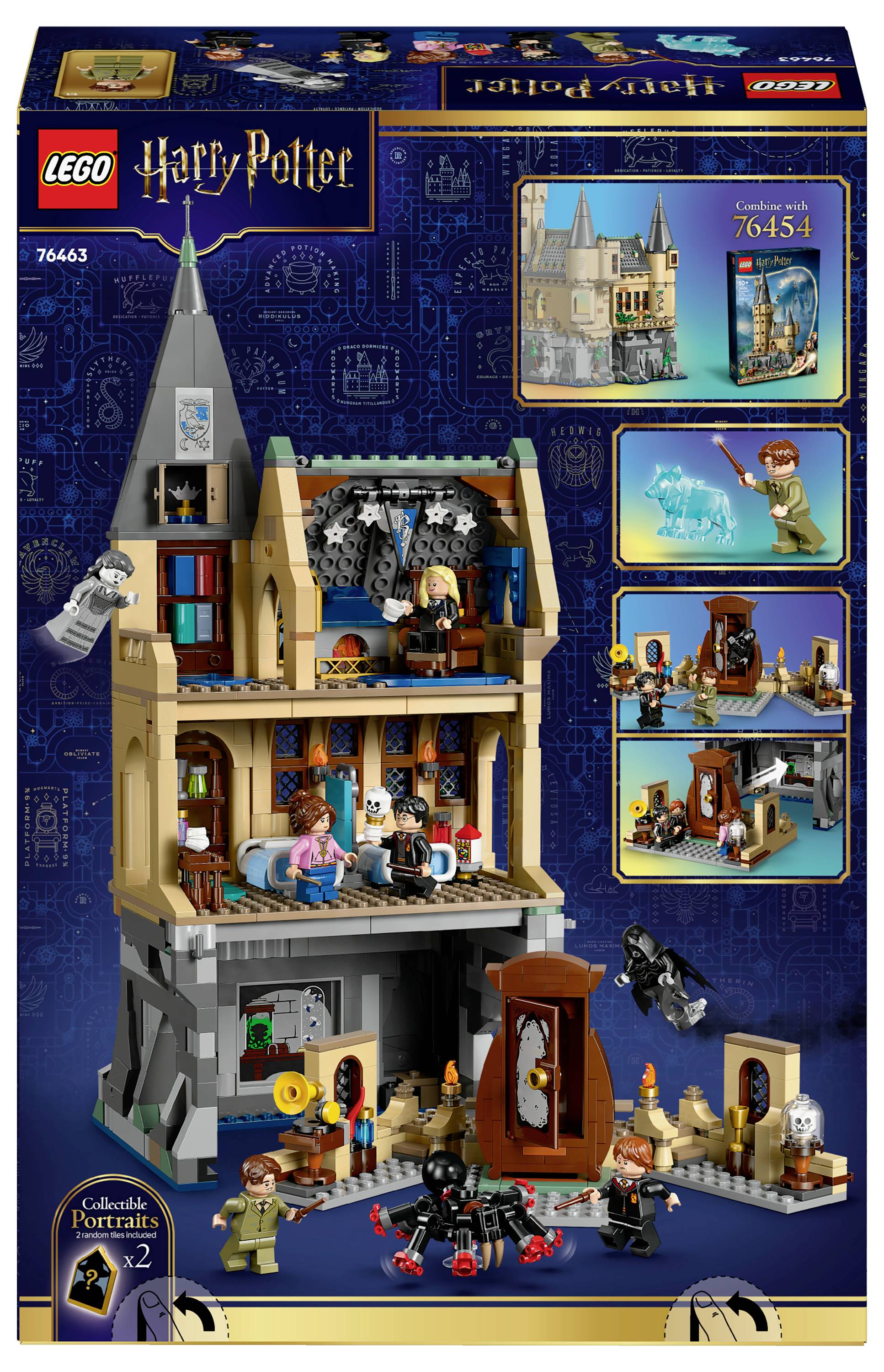 Ensemble LEGO Harry Potter Poudlard comprenant plusieurs niveaux, mini-figurines et éléments interactifs. Inclut une scène magique avec des personnages et des accessoires.