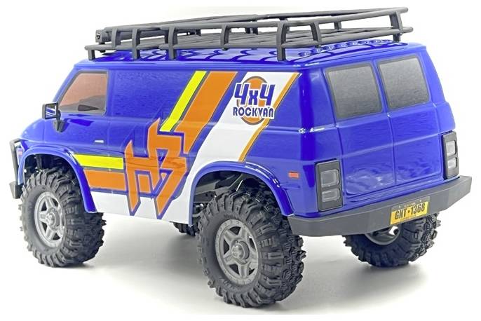 Camionnette de jouet bleue avec les textes '4x4 Rockyan' et 'H3' sur le côté, dotée de grandes roues et d'un porte-bagages sur le toit, vue de l'arrière à un angle.