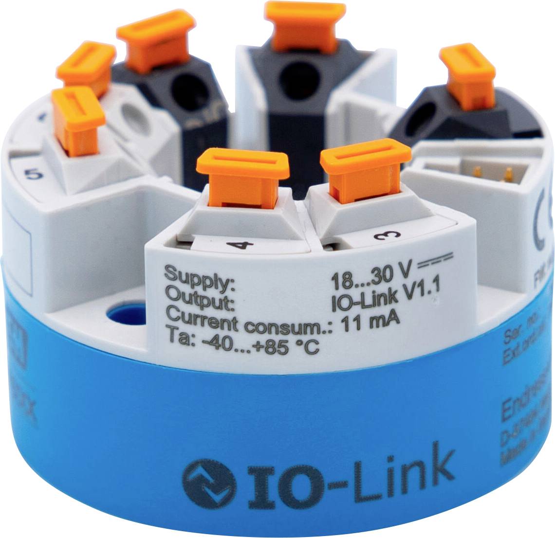 Gros plan d'un module de capteur industriel IO-Link avec des bornes orange et des spécifications étiquetées sur une base bleue.