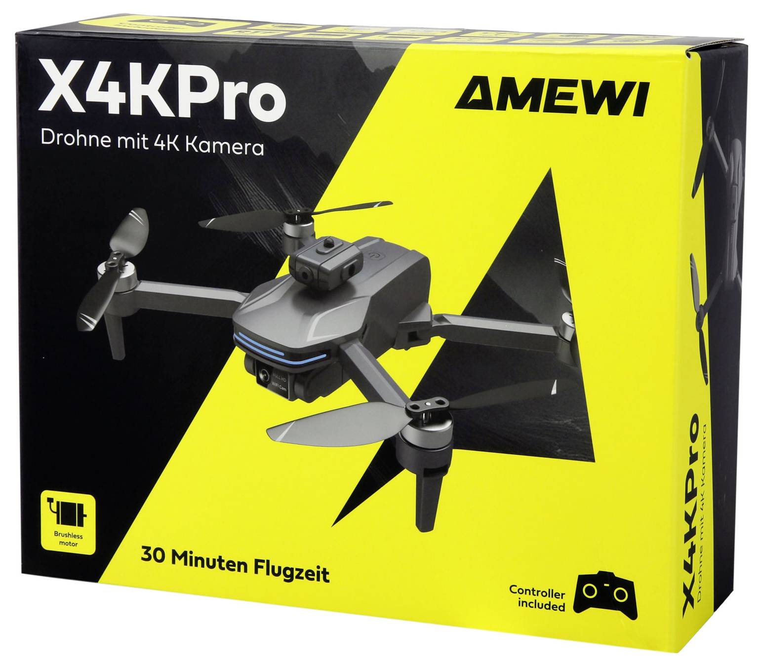 Un boîtier jaune avec un drone noir dessus, étiqueté 'X4KPro' par 'Amewi'. Les caractéristiques comprennent une caméra 4K, une autonomie de vol de 30 minutes et une télécommande.