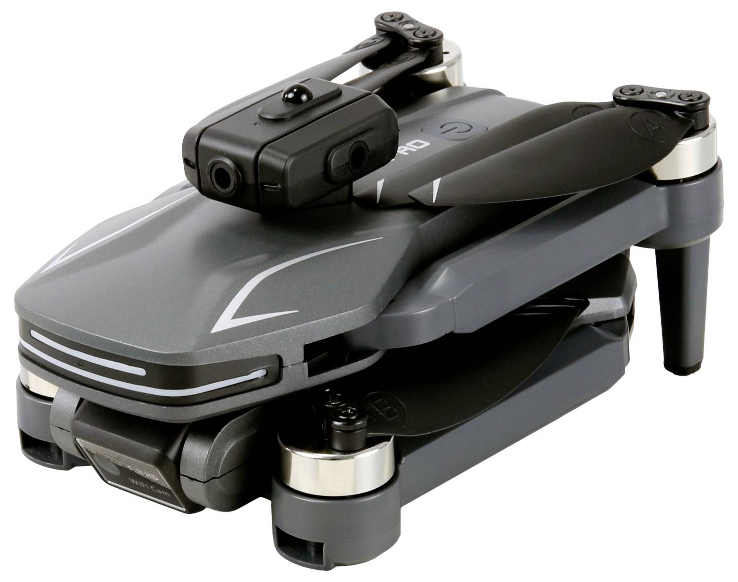 Un drone compact, plié, de couleur grise avec des hélices noires posé sur le dessus, équipé d'une caméra à l'avant.